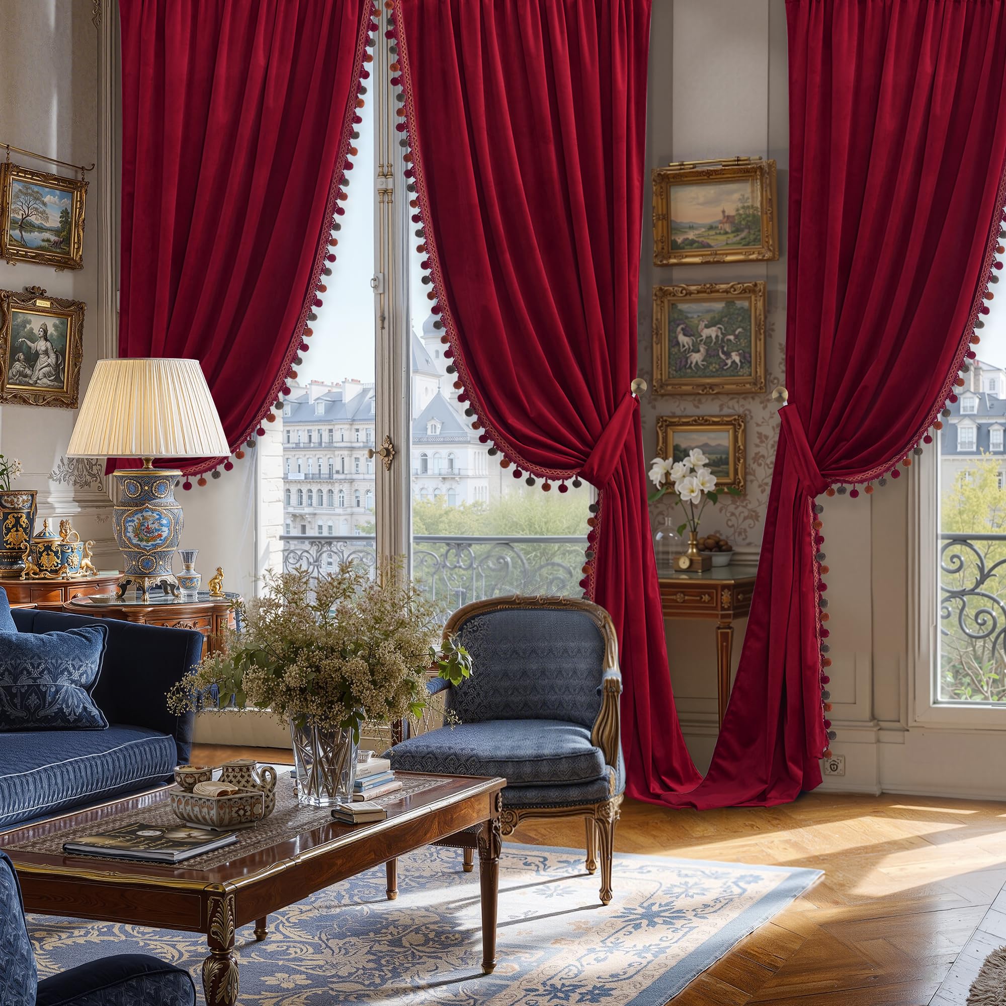 StangH Tende in velluto rosso con pompon – lussuose tende termiche isolate per la camera da letto, soggiorno, luce che bloccano la privacy, per teatro, W52 x L84, 2 pannelli e fermatenda