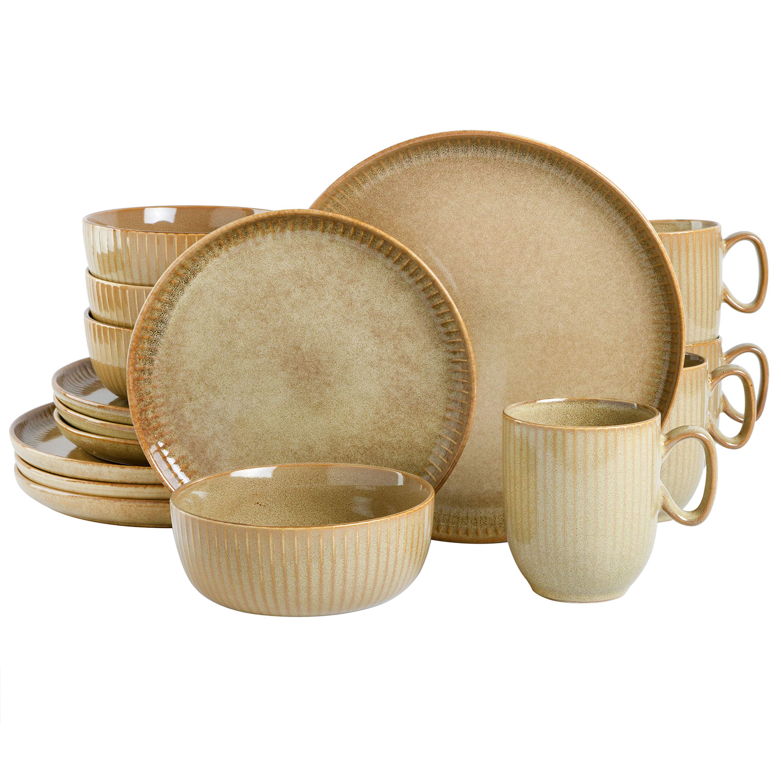 Gibson EliteRound Embossed Reactive Glaze Stoneware Dinnerware Set, Service for 4 (16pc), Taupe