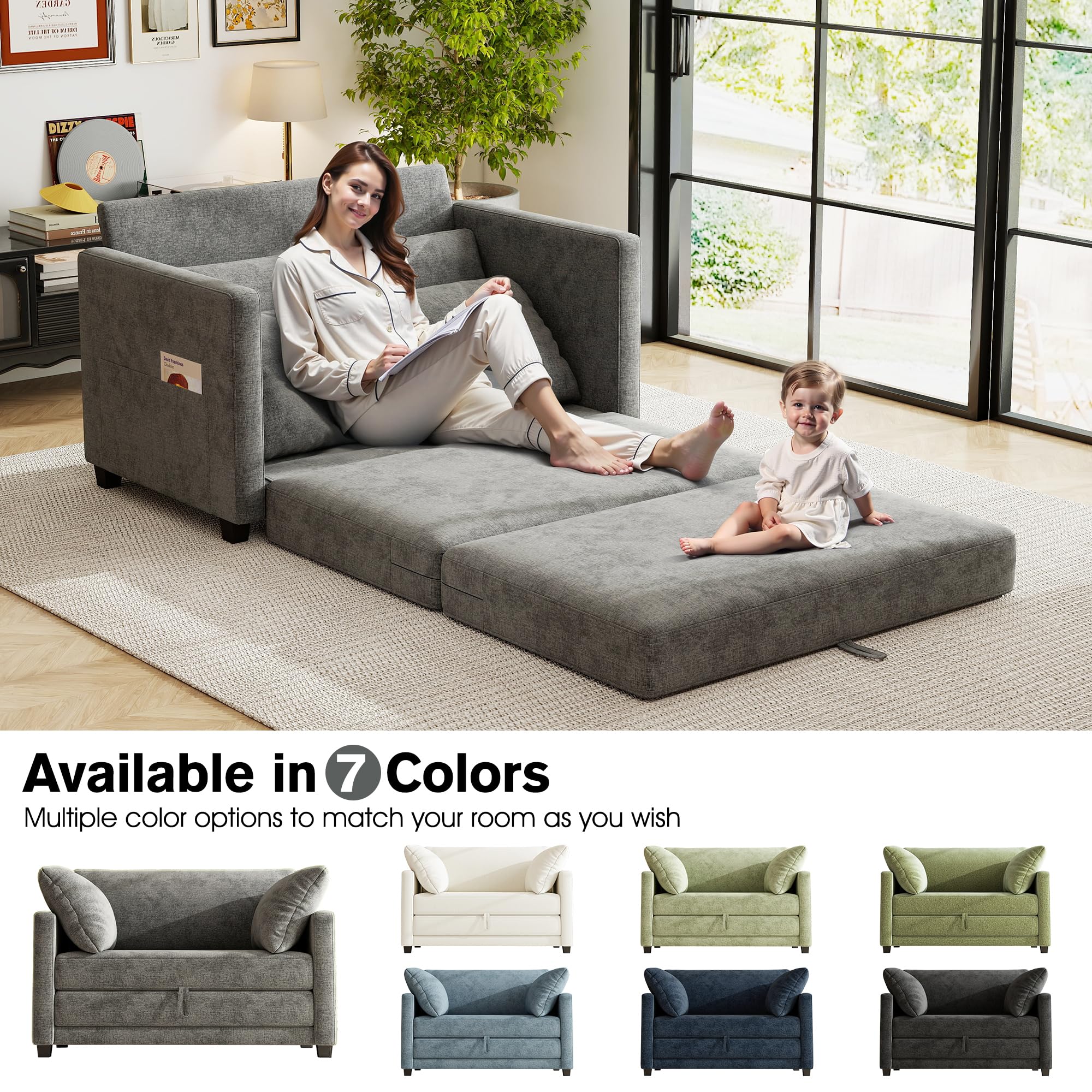 51" Loveseat Sleeper Sofa Bed, Chenille Convertible Floor Sofa Bed for Small Spaces, Folding Couch Bed with Deep Seat, 2 Pillows & Solid Frame, Pull Out Floor Couch for Living Room, Grey