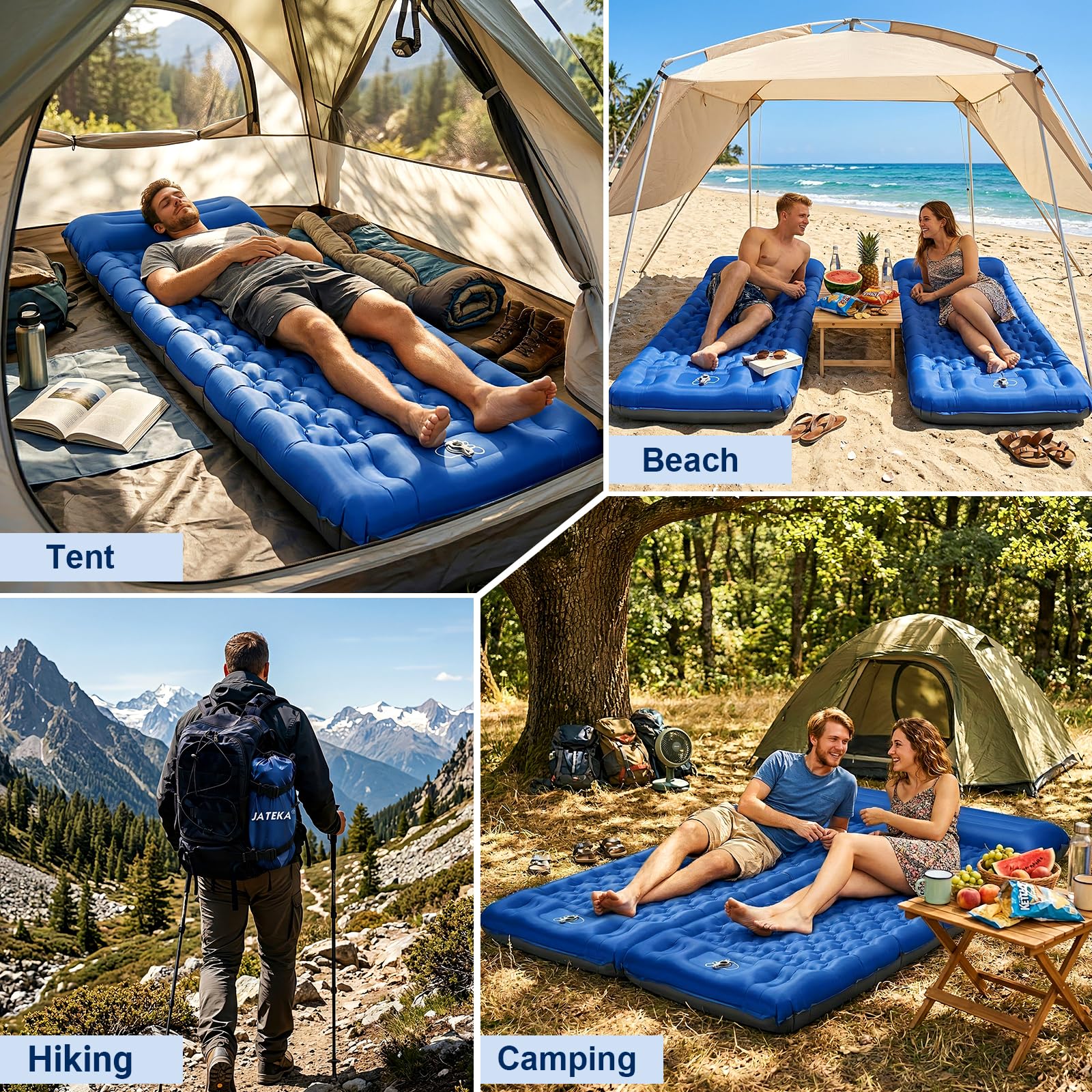 JATEKA Materassino Campeggio Singolo Gonfiabile Extra Largo 83cm, con Cuscino Integrato 16cm, Ultra Leggero e Pieghevole, Materasso Gonfiabile con Pompa a Pedale, per Trekking e Viaggi, Blu e Grigio