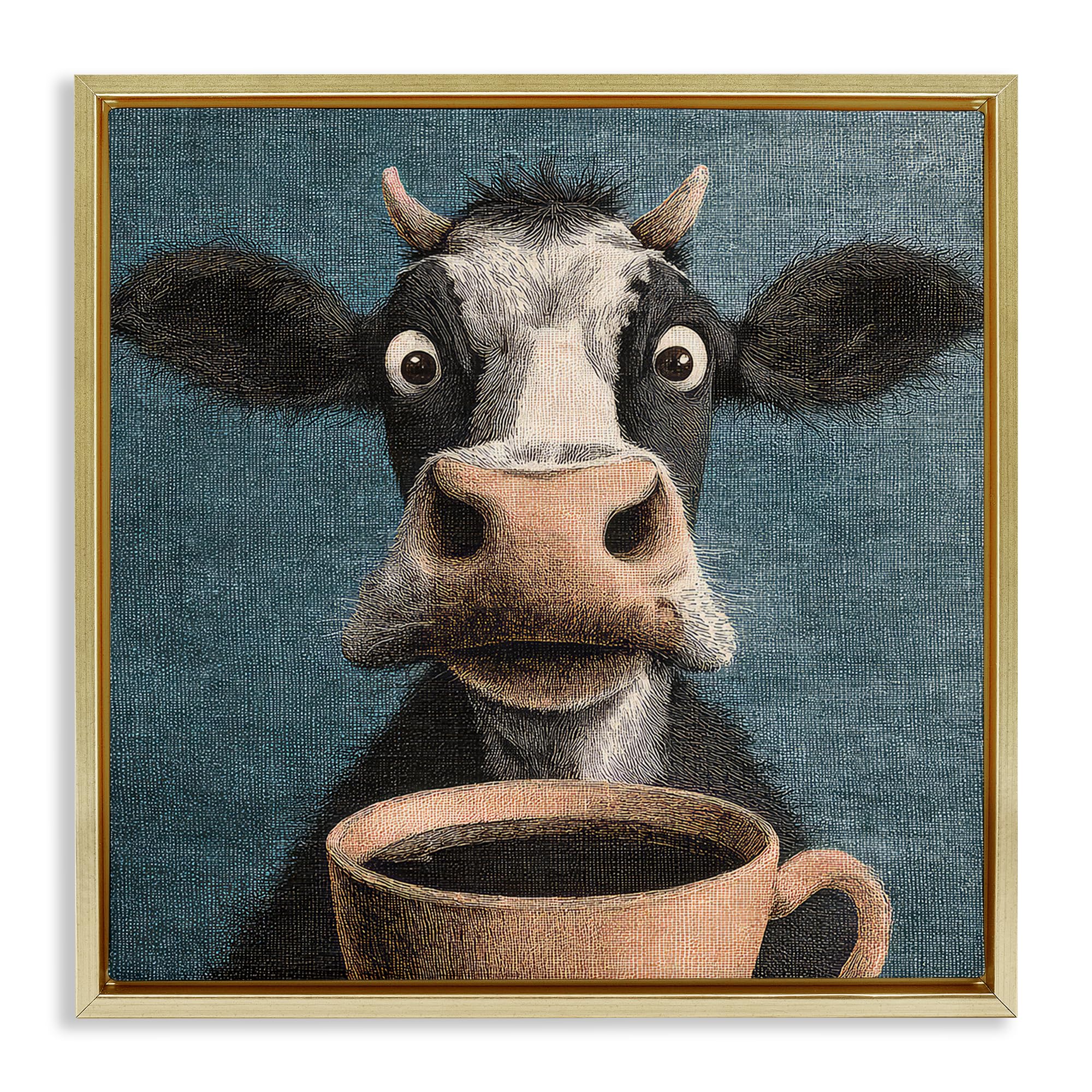Stupell Industries Metallic Gold (Matte) 'Grumpy Cow & Coffee'| Floating Frame Canvas Art