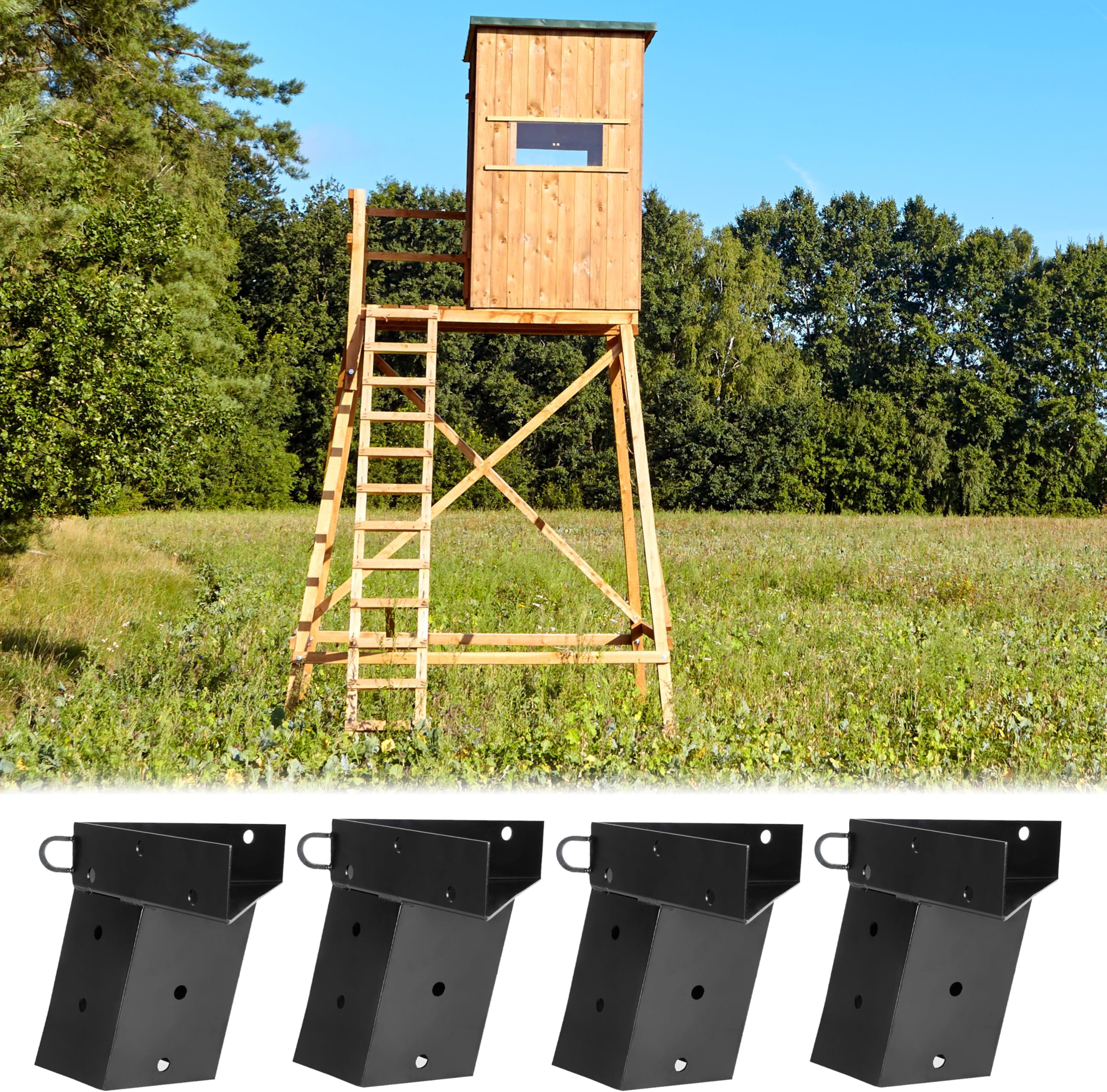 Deer Stand Brackets, 4x4 Inch Black Powder Coated Steel Tree Bracket for Outdoor Hunting Platform, Elevated Deer Blinds, Tower Stands, Box Blinds, 4 Pack Includes Accessories