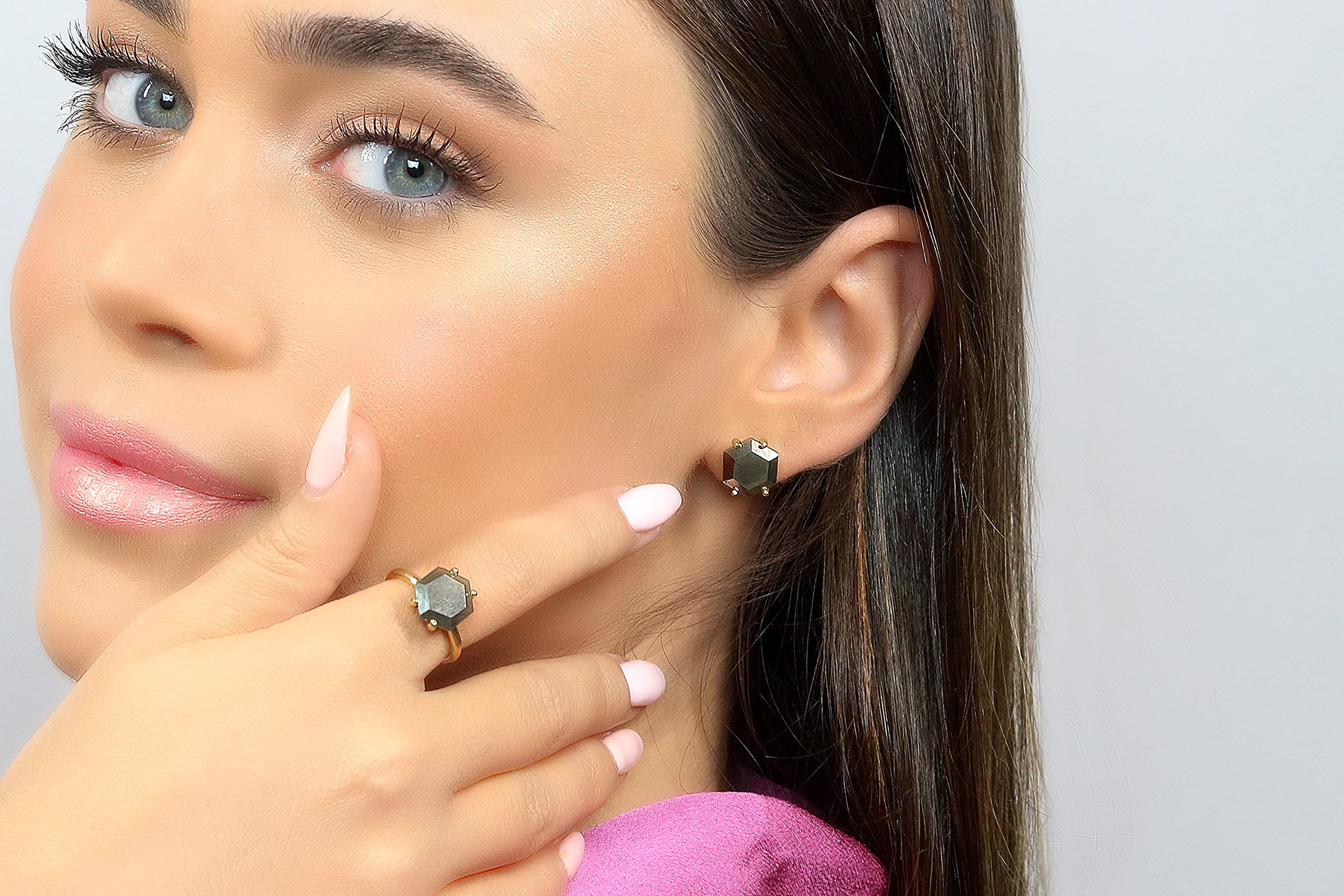 Boucles d'Oreilles en Pyrite de Fer - Boucles d'Oreilles Géométriques pour Femmes - Bijoux de Mode Artisanaux, Bijoux en Pierres, Bijoux Cadeaux - avec Boîte Fantaisie