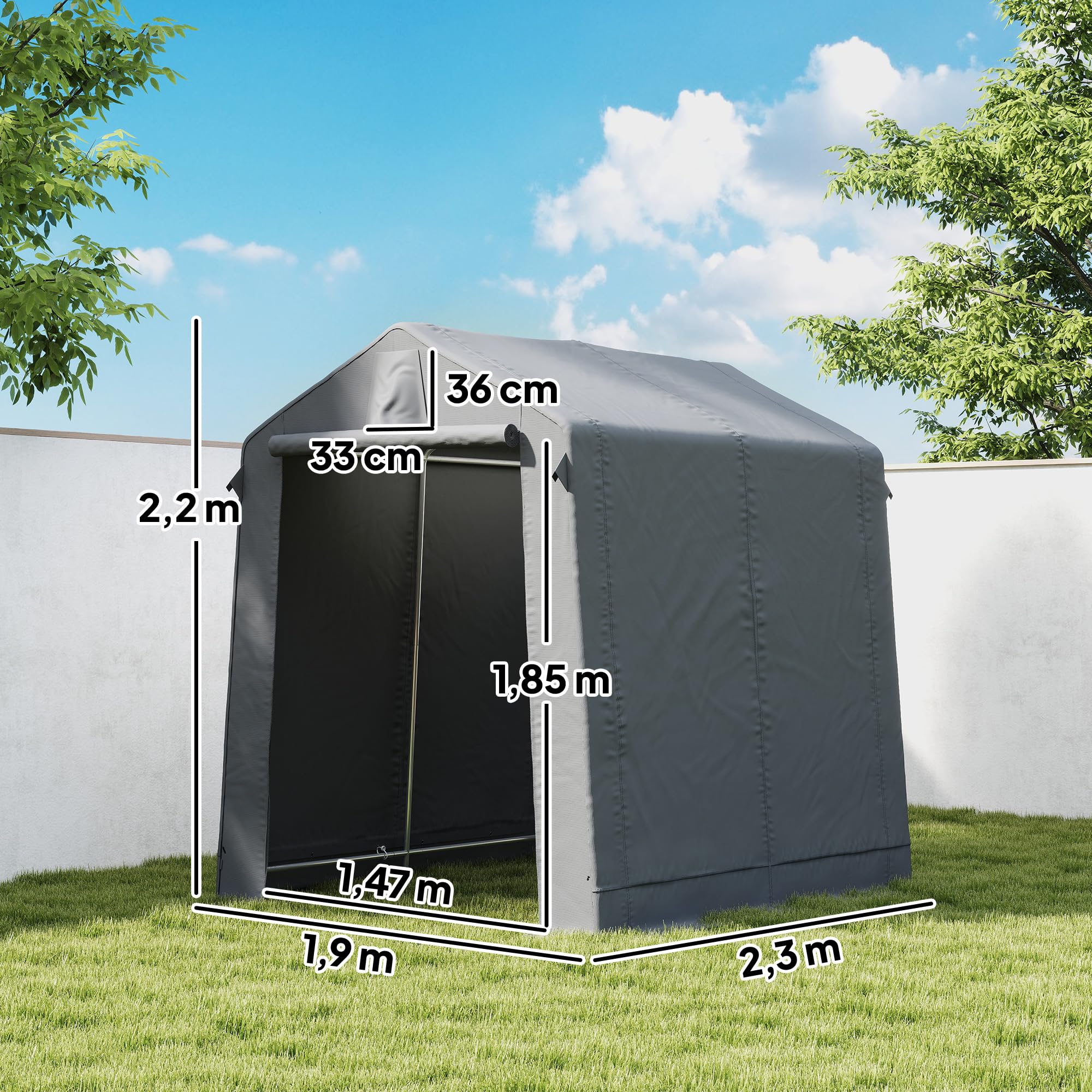 Outsunny Garagenzelt 2,3 x 1,9 m Wasserabweisend mit Belüftung Dunkelgrau | Rollbar Reißverschlusstür, Satteldach, UV-beständig, Gerätezelt, Zeltgarage, Unterstand Lagerzelt für Gartengeräte, Motorrad