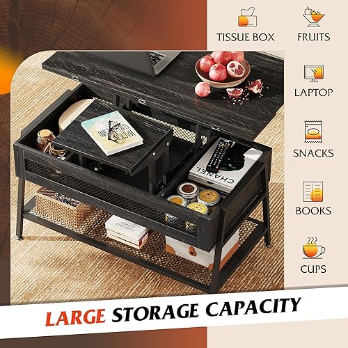 Miniatura 5 de WLIVE Mesa auxiliar con tapa elevable, mesa auxiliar multifunción 3 en 1 con almacenamiento, compartimento oculto y marco de metal, mesa de centro