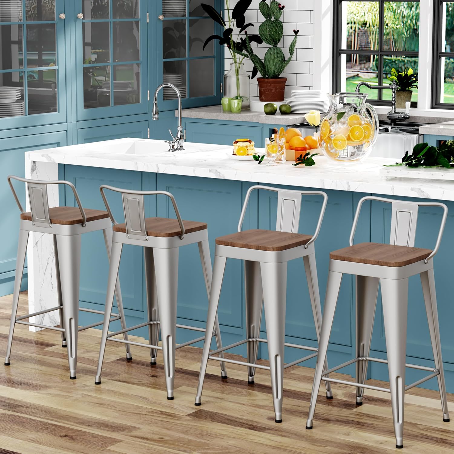 WENTMENT Bar Stools Set of 4 Counter Height Stools with Removable Back 26" Kitchen Bar Stools with Wooden Seat, Silver