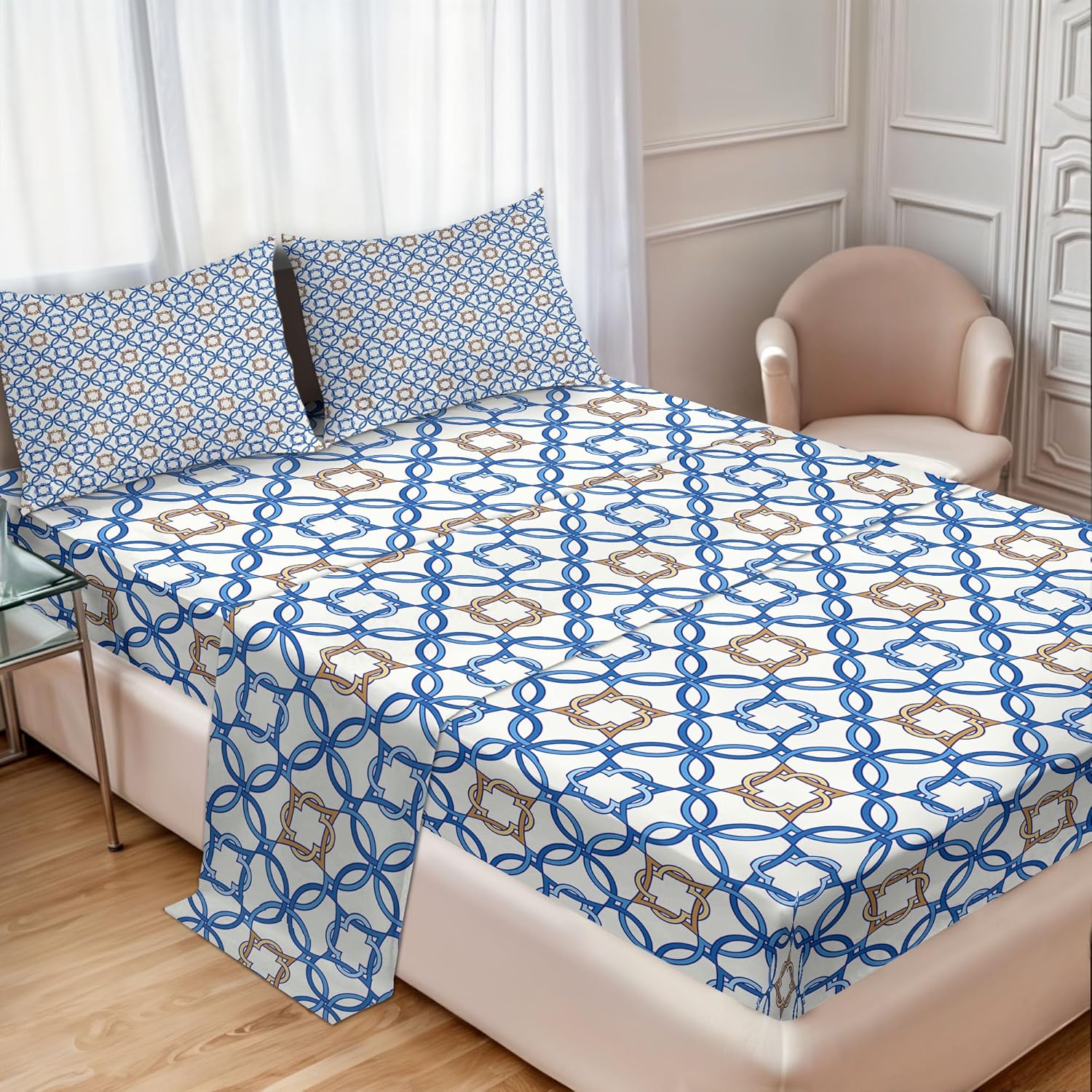 Ambesonne Quatrefoil Sheet Set, Delft Blue Inspired Pattern Intricate Old Dutch Tile Motifs, Fitted and Flat Sheet with Pillowcases Bedding Accent 4 Piece Set, Queen, Pale Brown Blue White