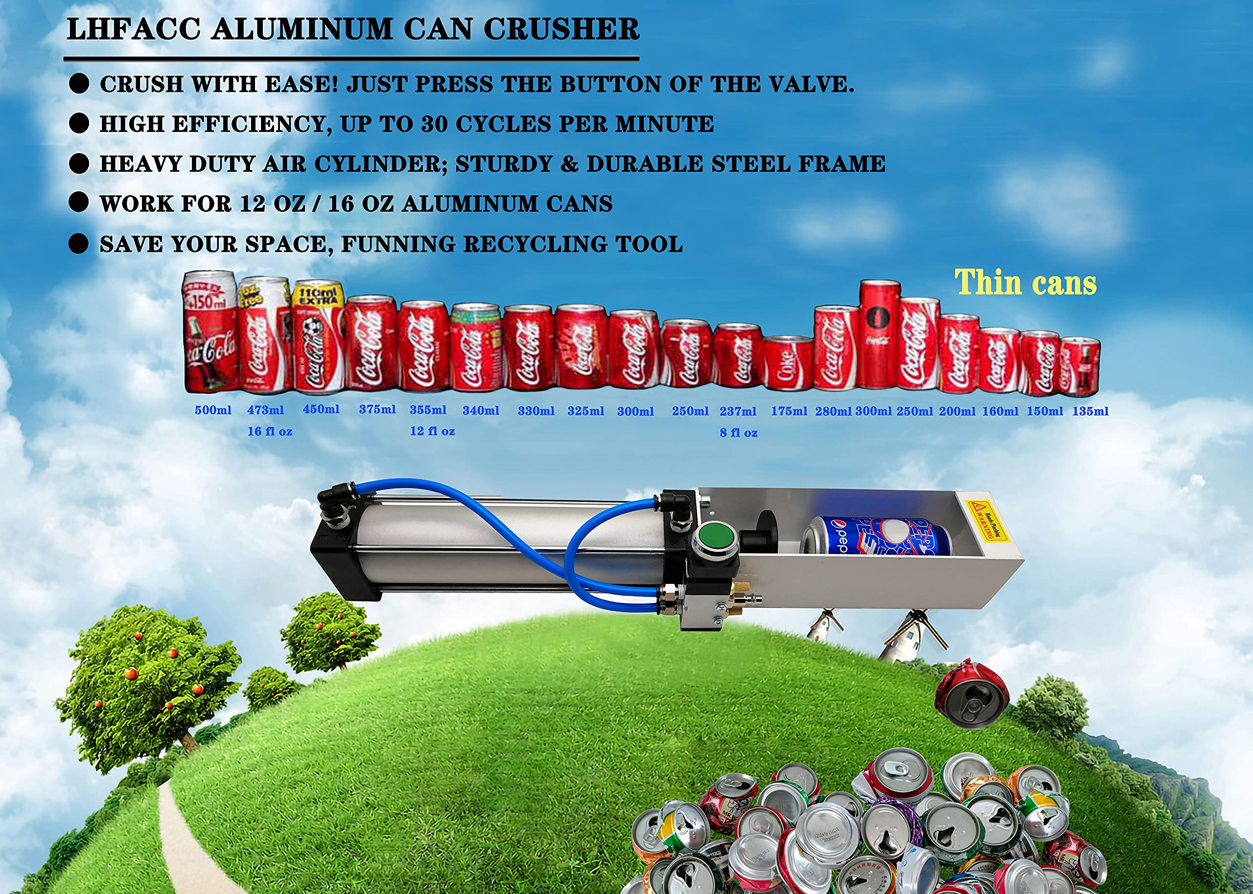 Trituradora de latas de aire para botellas de aluminio de alta resistencia, eficiente y ecológica, herramienta de reciclaje para latas de aluminio