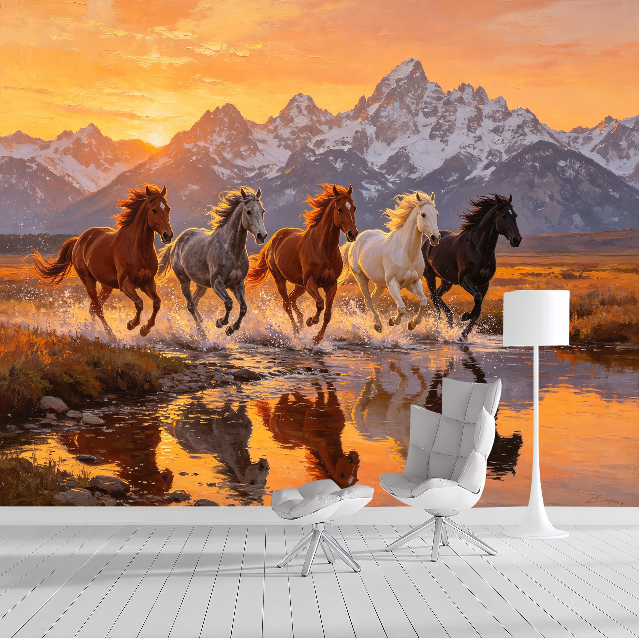 Custom Size Wall Mural Galloping Horses Mountain Sunset Pastoral Landscape Oil Painting SelfAdhesive Wall Fabric Removable Peel and Stick Wallpaper for Living Room Bedroom Bathroom