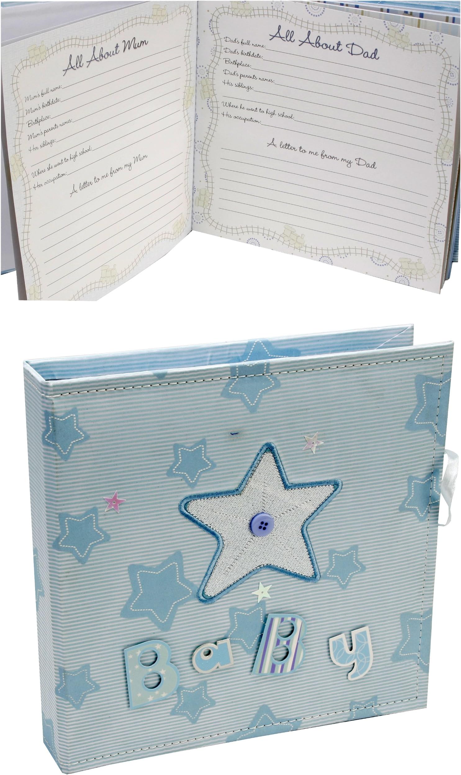 Blue Fabric Baby Boy Record Book Journal & Keepsake Box - Star Design