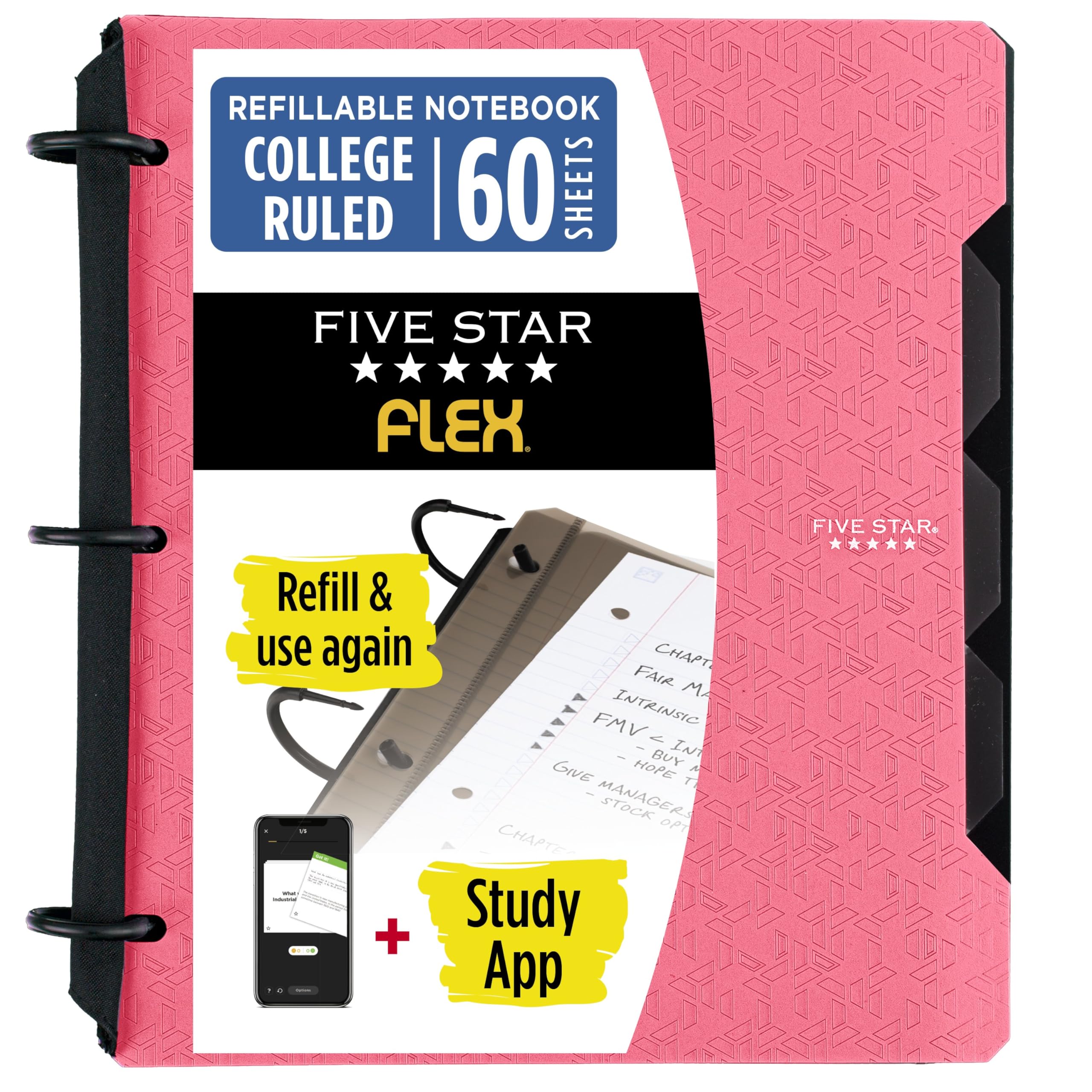 Five Star Flex Refillable Notebook + Study App 1 Inch O-Rings Binder with Pockets Tabs and Dividers, 220 Sheet Capacity, Includes 60 Sheets 8.5" x 11" College Ruled Paper, Prom Pink (293280R)