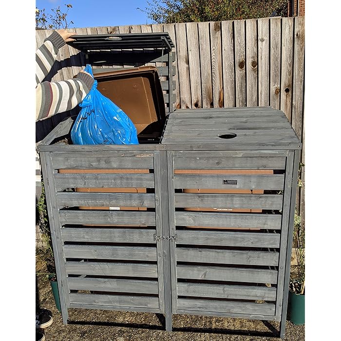 Buy BinGarden Double Wooden Slatted Wheelie Bin Store with BiFold Roof