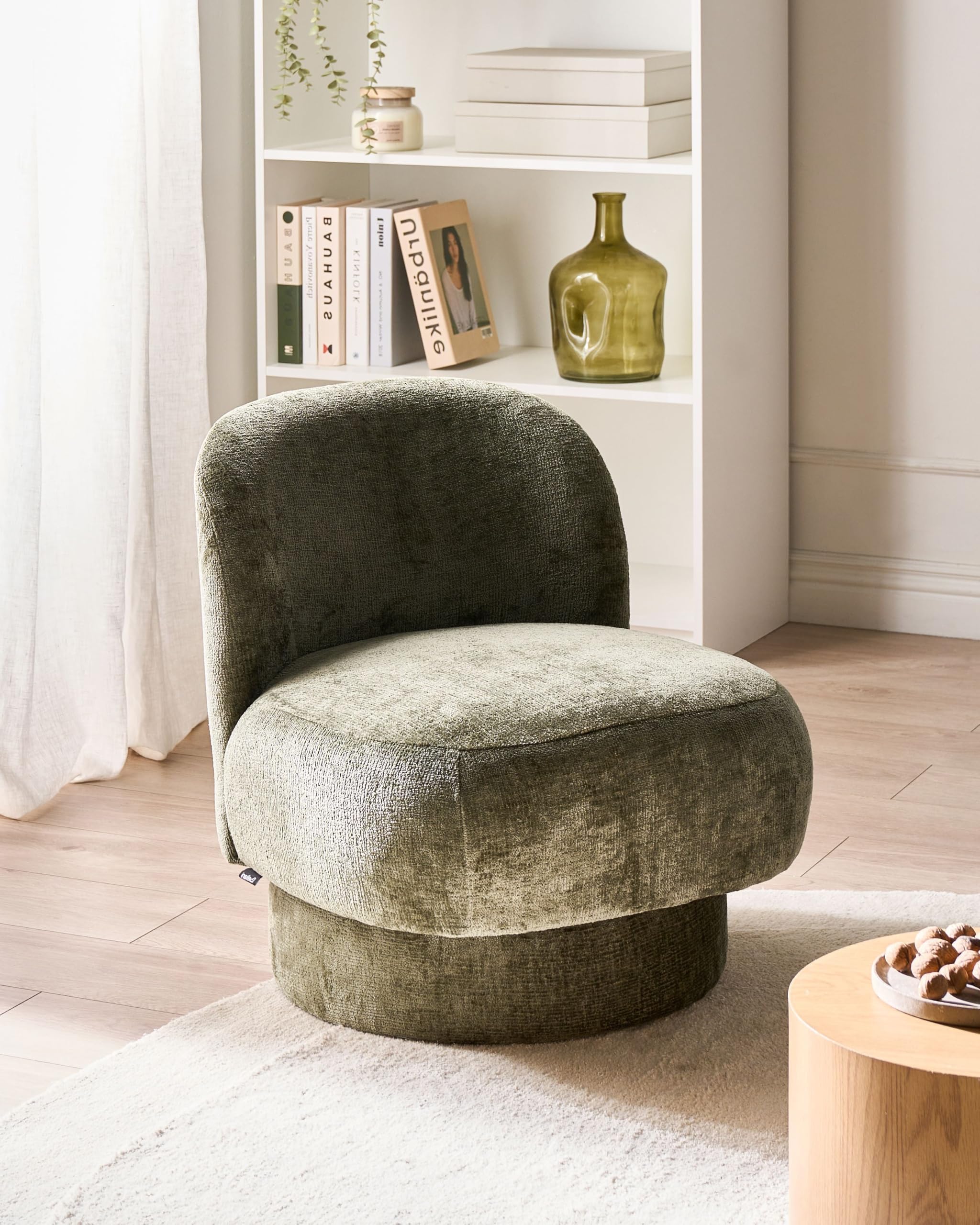 Fauteuil Pivotant en Tissu Chenille Dossier Incurvé Rembourré Vert Aylo