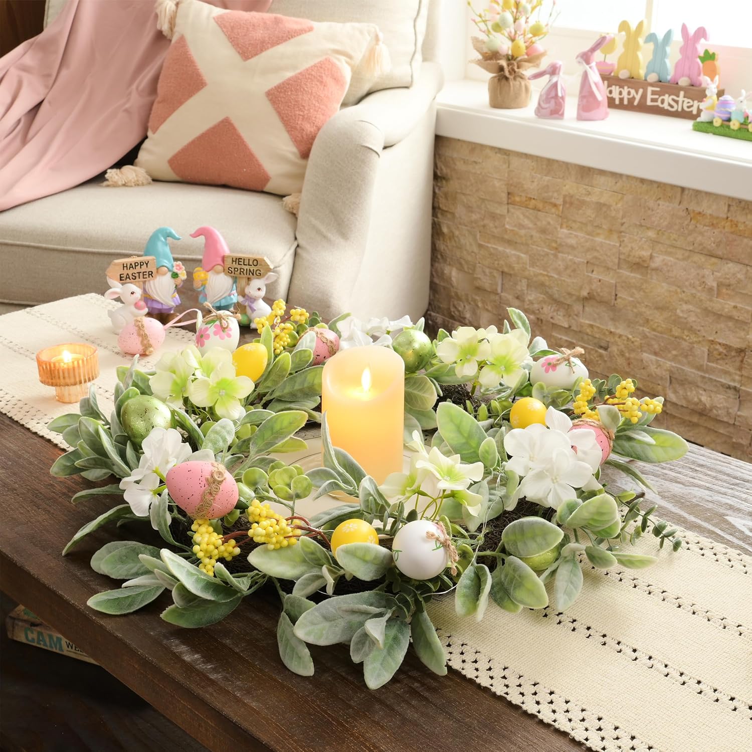 Valery Madelyn 24'' Collapsible Lighted Easter Wreaths for Front Door, Pre-lit Spring Door Wreath with Pastel Eggs, Daisy Flowers & Silk Lambs Ear Leaves, Farmhouse Indoor Outdoor Wall Window Decor