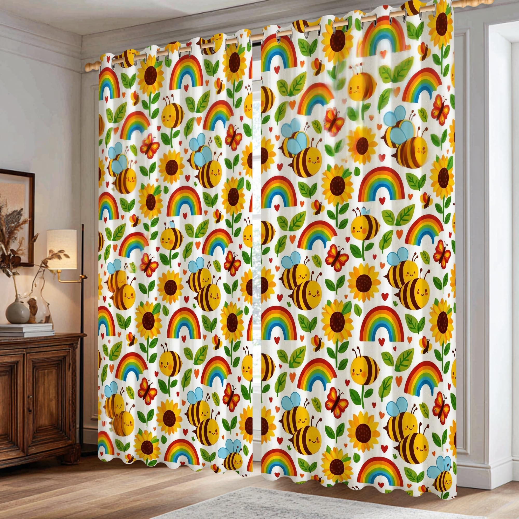 Rideaux occultants contre la lumière du jour motif abeille et tournesol lavable
