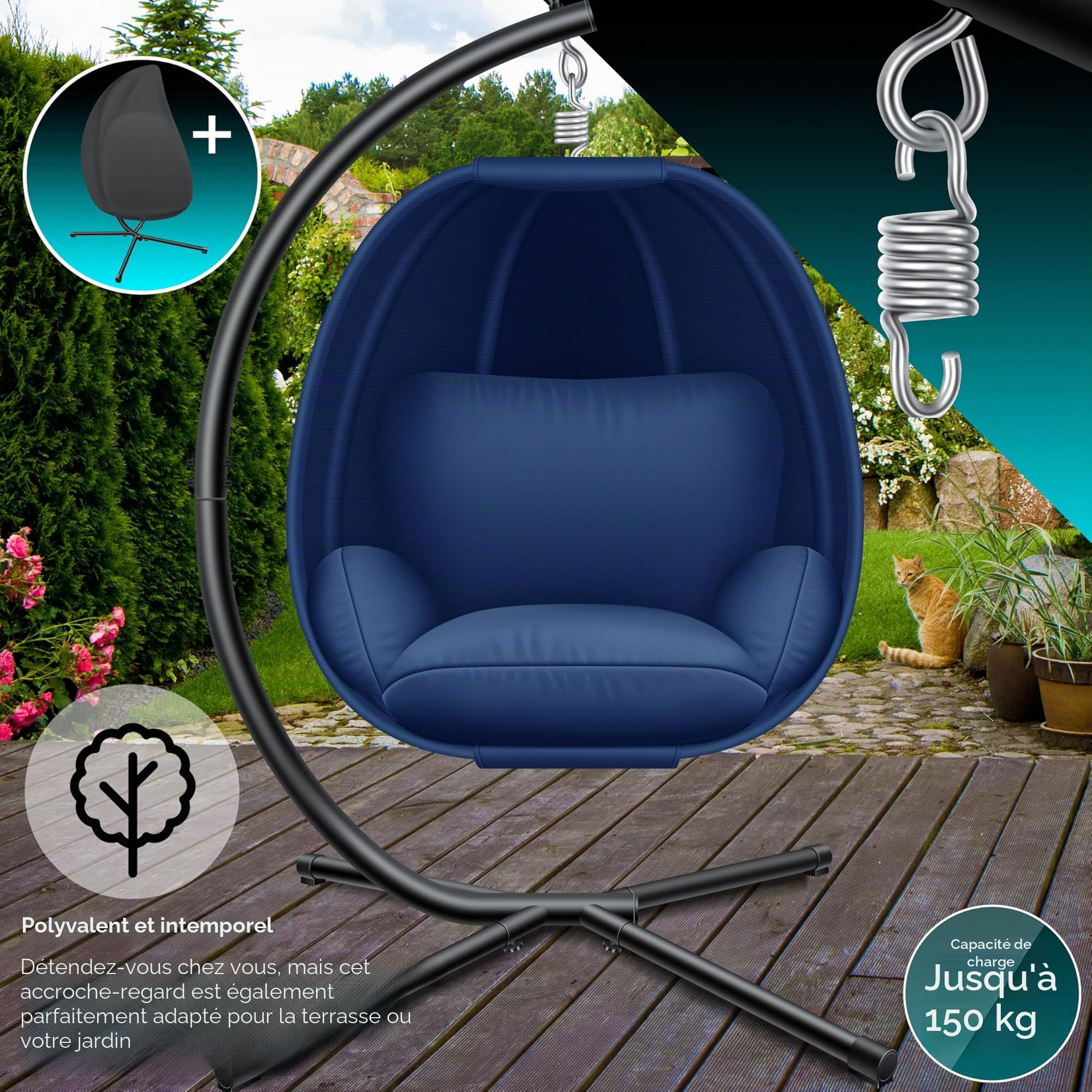 KESSER® Fauteuil Suspendu de Luxe avec Structure et Coussin d'assise Moelleux | Panier Suspendu intérieur et extérieur | Balançoire de Jardin | Panier Suspendu | Chaise Suspendue