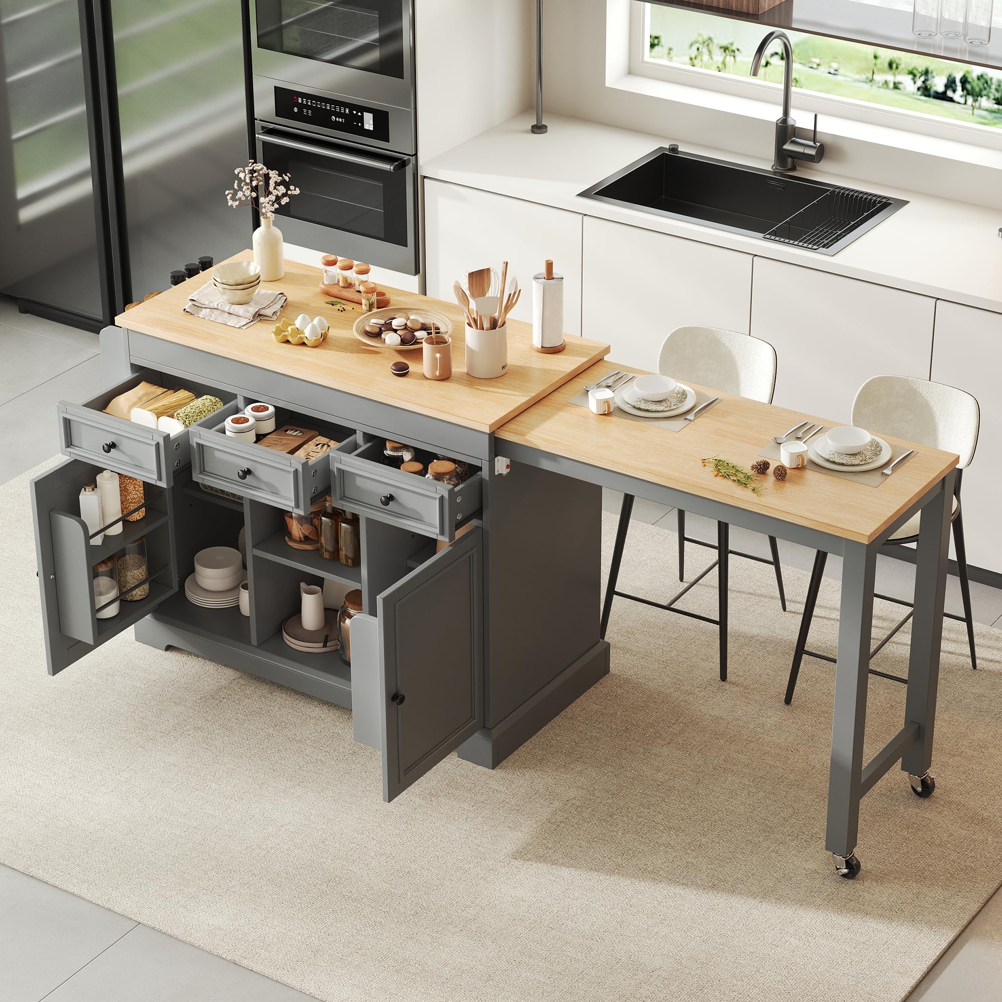 Isola da cucina su ruote, per sala da pranzo estensibile, isola da cucina con portaspezie e cassetti, isola mobile autoportante, ideale per cucina e sala da pranzo (grigio)