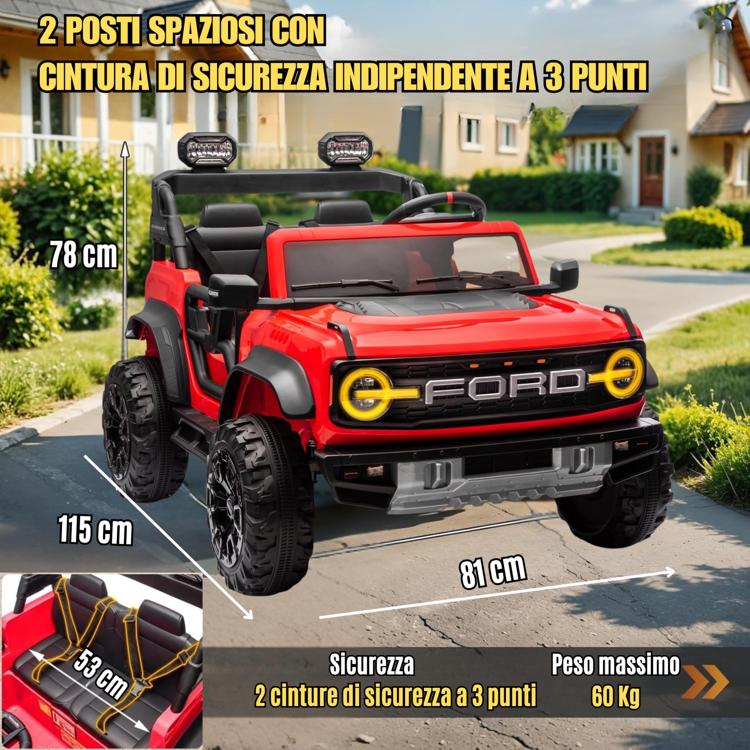 Ford Bronco Raptor 24V Maxi Fuoristrada 2 Posti Auto Macchina Elettrica per Bambini Telecomando Luci a Led Bluetooth Ammortizzatori Carico Massimo 60 Kg (Rosso)