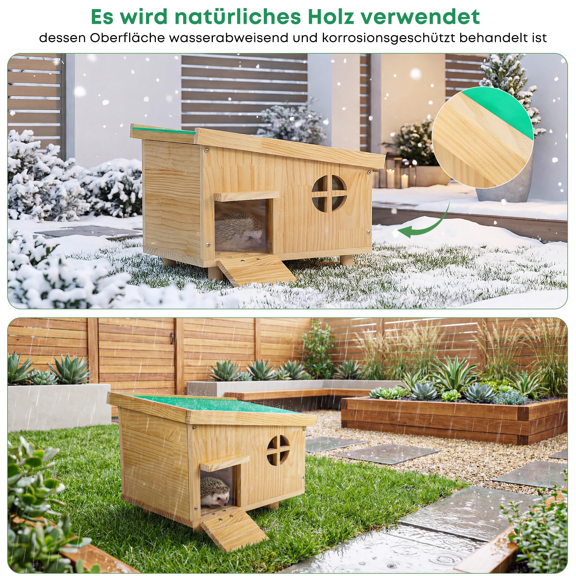 Igelhaus Winterfest mit Boden – sicheres Outdoor Igelhotel für den Garten, wetterfestes Holz Haus mit geschütztem Eingang & abnehmbarem Dach, Bausatz ohne Werkzeug – draussen trocken & warm