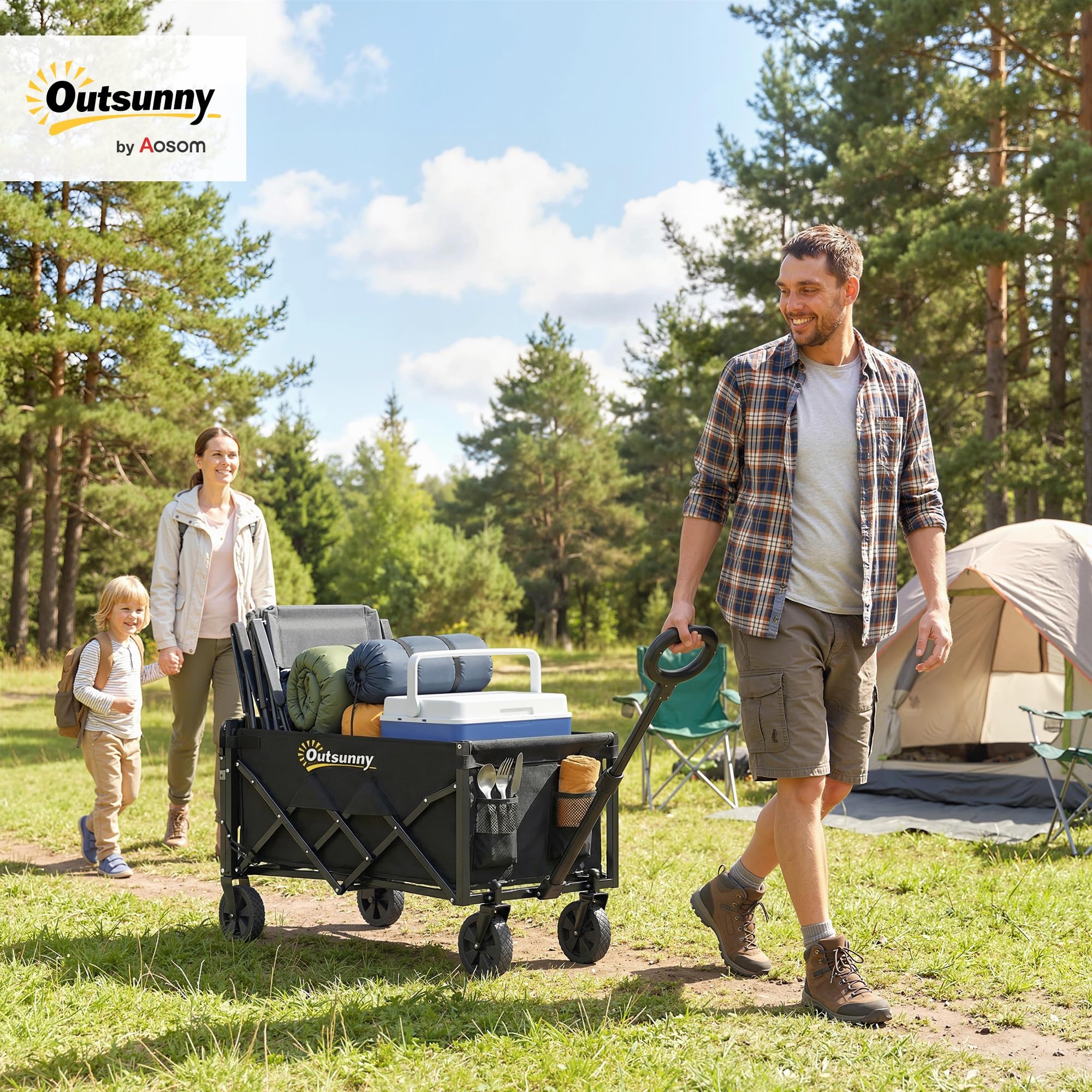Outsunny Chariot de Transport Pliable, 60L, Charge 150 kg, Porte Arrière Rabattable, Roues Amovibles, Poignée Réglable, Porte-Gobelets, Chariot de Jardin Tout Terrain pour Plage Camping, Noir