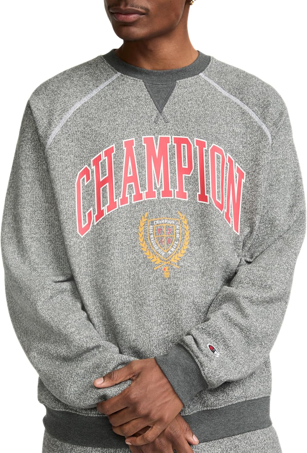 Champion Men's Yearbook Raglan Crewneck Sweatshirt, Champion Crest