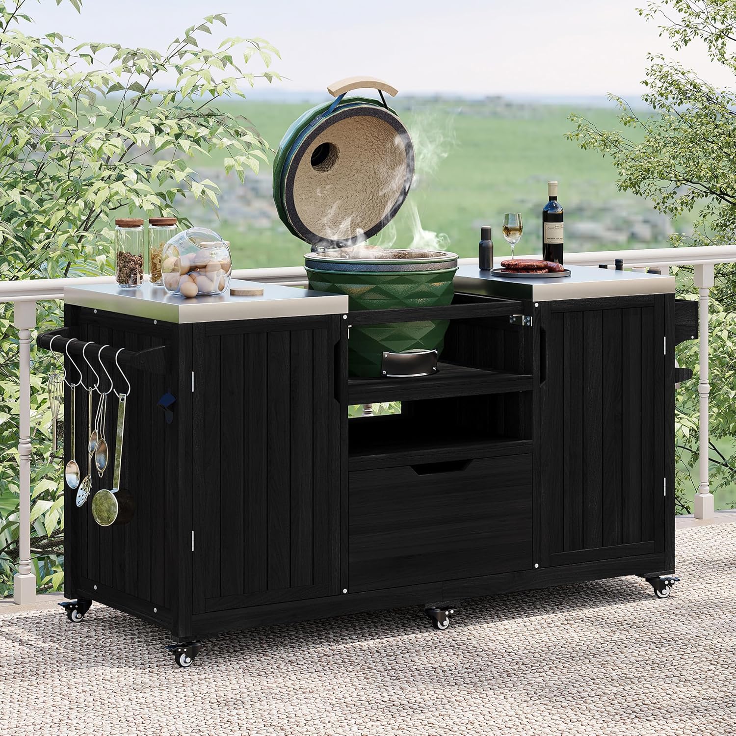 66.5" Outdoor Grill Cart for Big Green Egg, Solid Wood Kitchen Island BBQ Table with Stainless Steel Top, Large Drawer & Cabinet, Rolling Patio Bar Cart with Spice Rack & Towel Holder (Black)