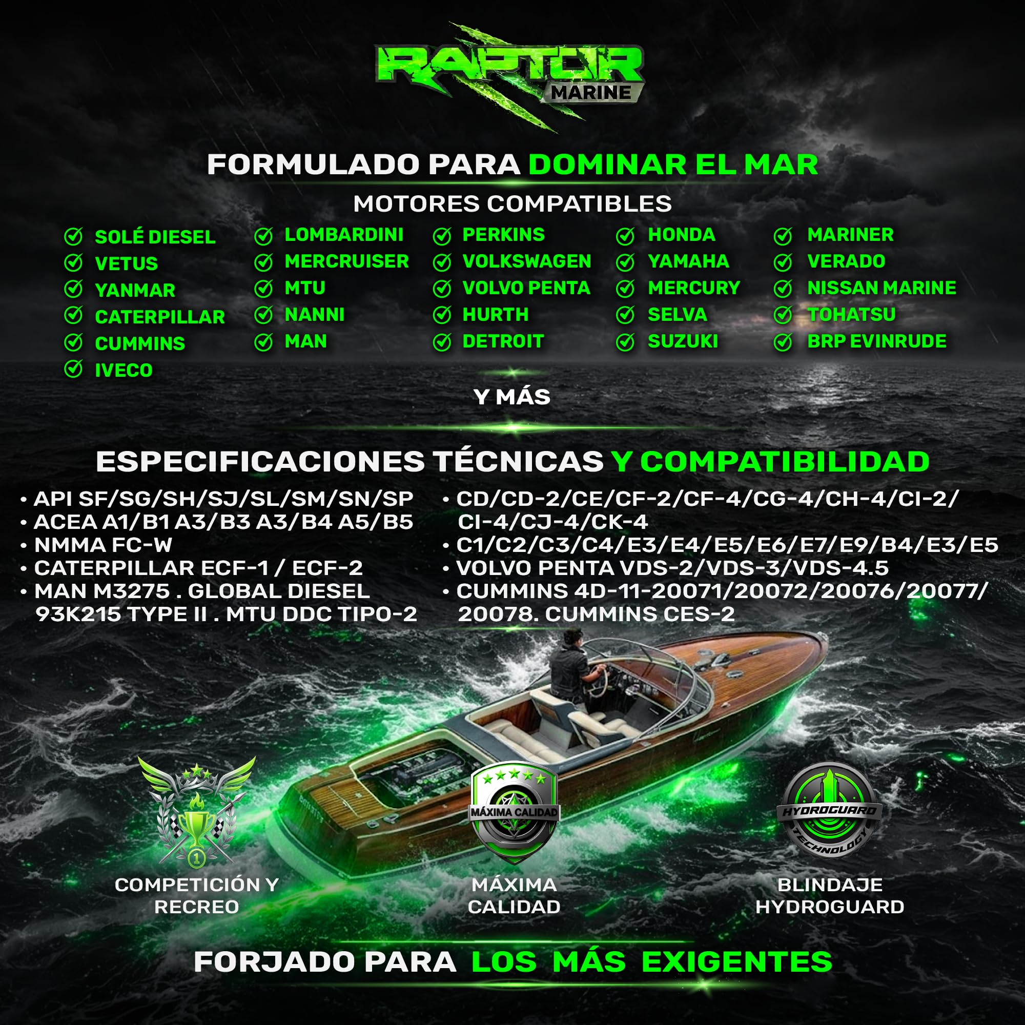 Raptor Marine - Aceite Motor Marino Diésel 15W40 SHPD Hydroguard | 5L | Intraborda 4T | Anticorrosión | NMMA FC-W | API/SP, ACEA E7