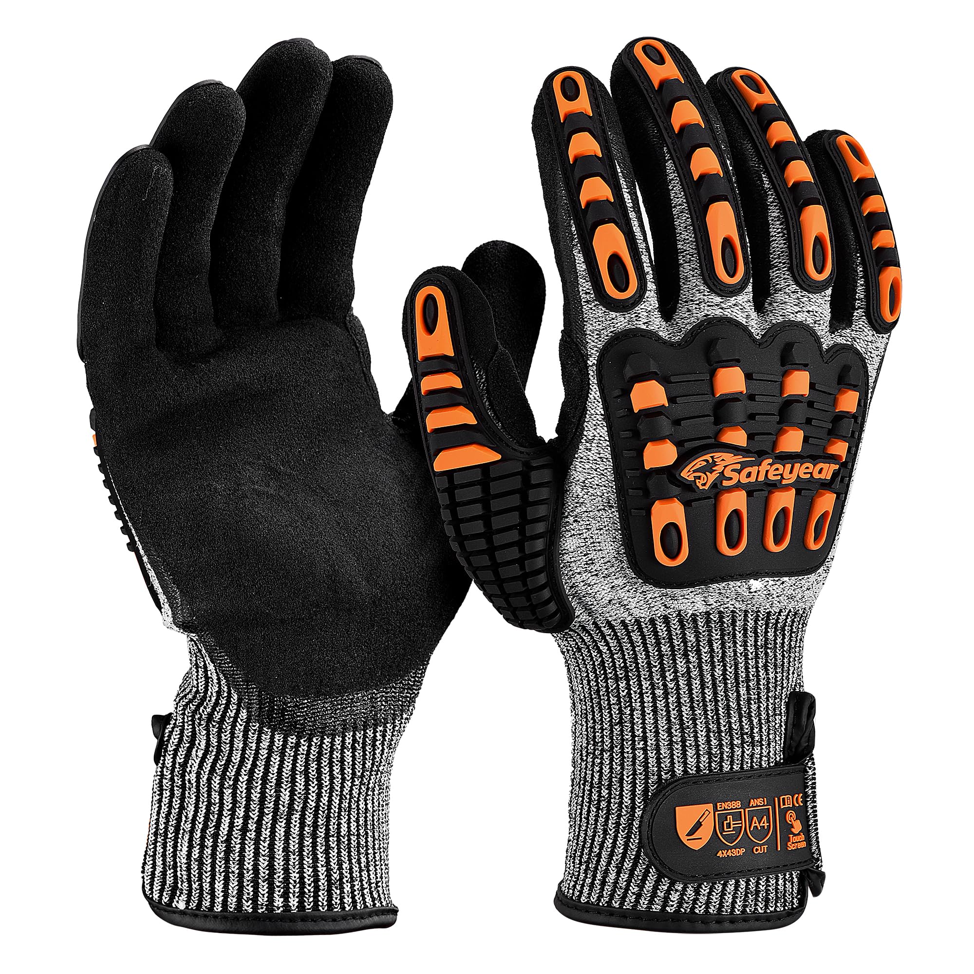 SAFEYEAR Level 5 Cut Resistant Gloves, Nitrile Sand Coated with TPR Impact Protection
