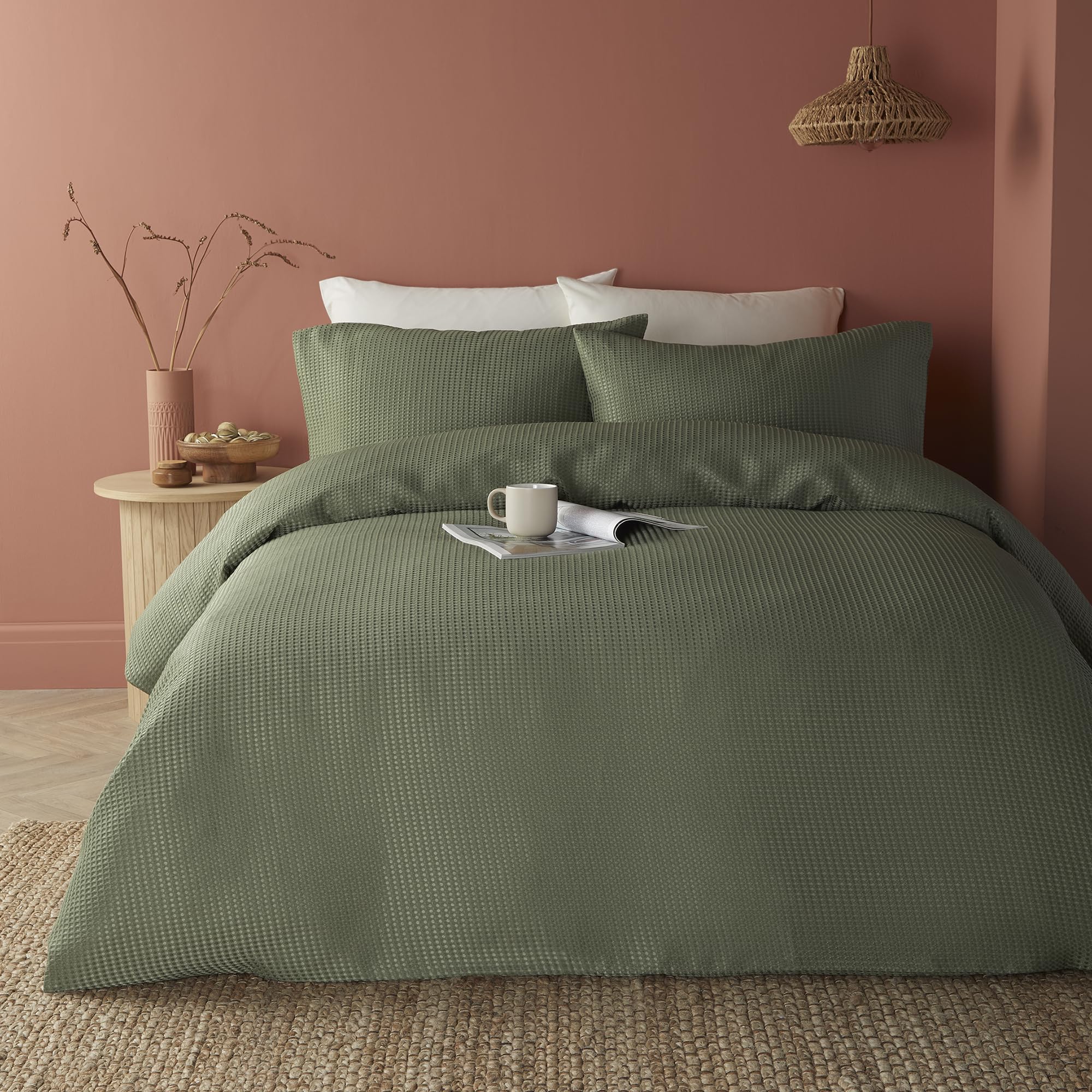 Lindly Collection, Serene Green Waffle Duvet Cover, Single Size (140 x 200cm), Soft Touch, Luxury