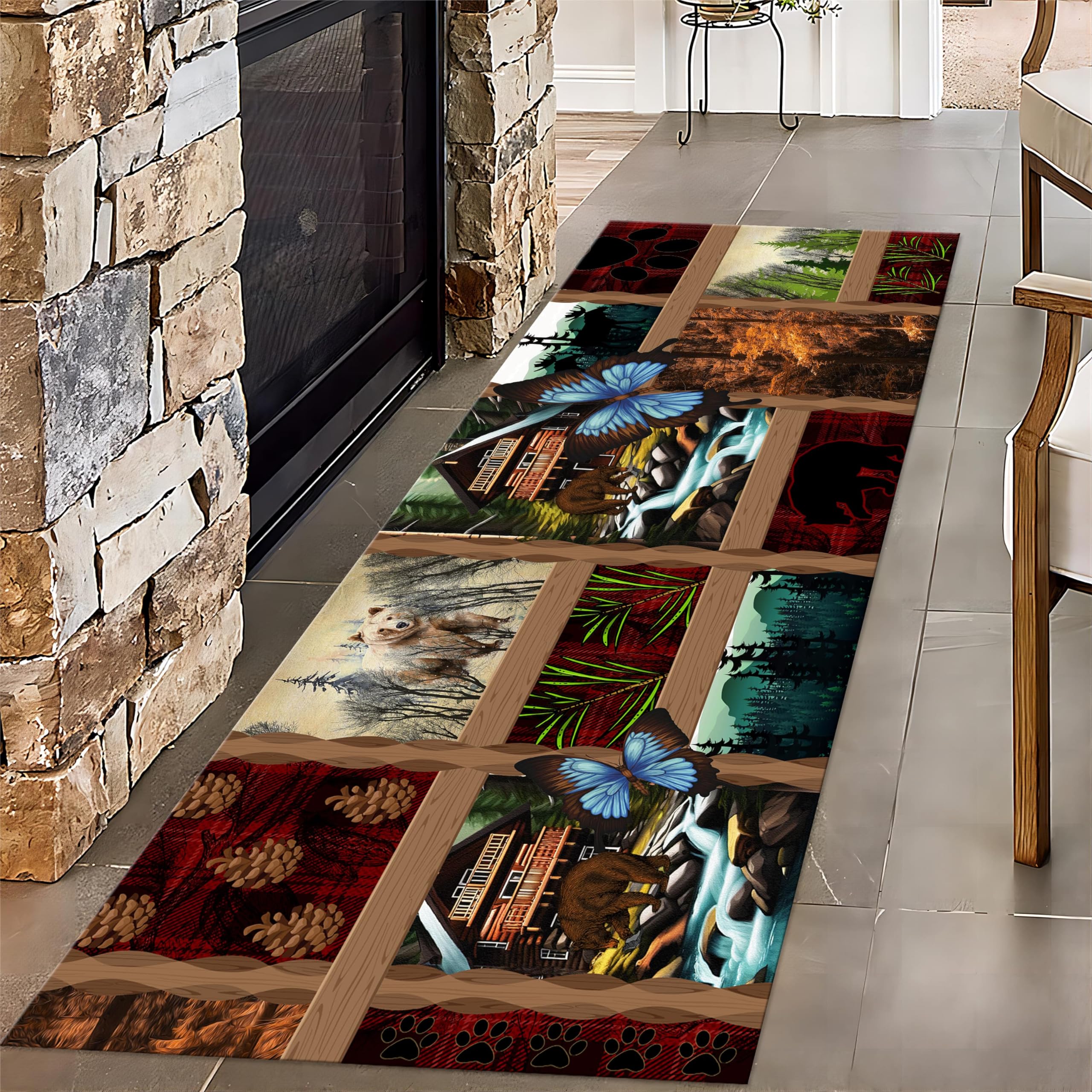 MUOUCTE Rustic Lodge Bear Moose Deer Runner Rug, 2x10ft, Western Farmhouse Wildlife Runner for Entryway, Breathable Rugs for Home Decorative, Soft