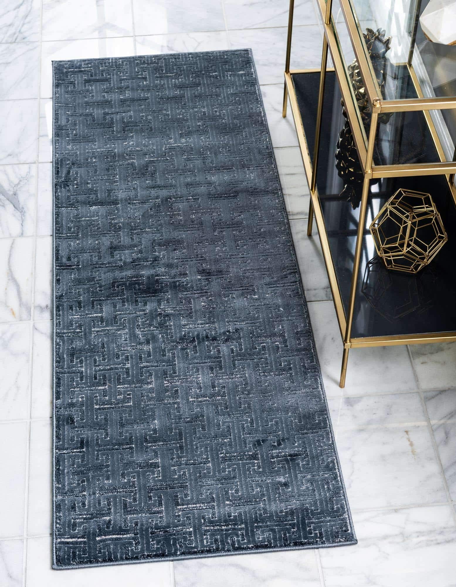 Unique LoomUptown Collection by Jill Zarin Collection Textured Solid Geometric Modern Navy Blue Runner Rug (2' x 6')