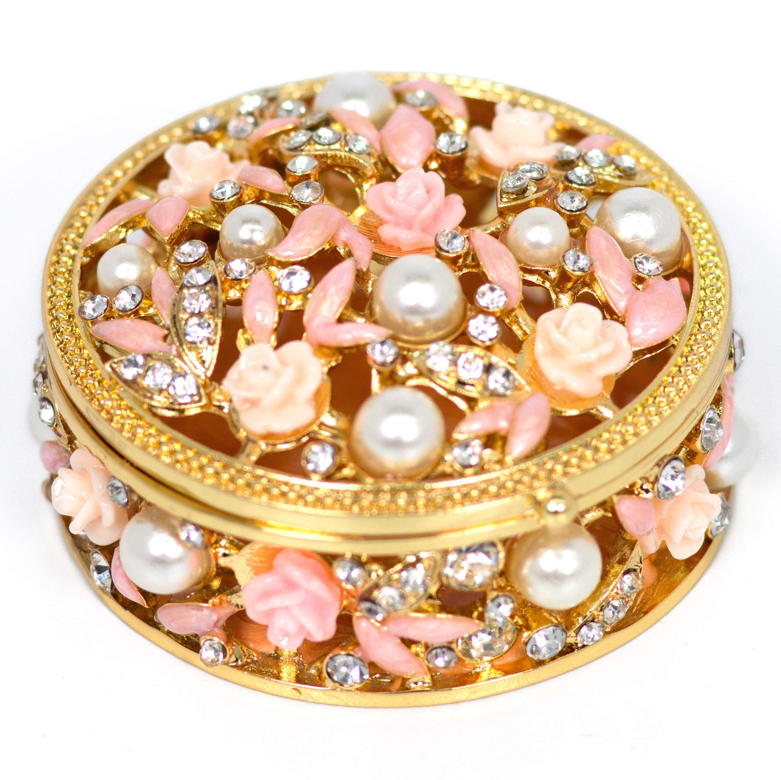 VI N VI Decorated Flower Rhinestone Pearl Jewelry Box Trinket Box