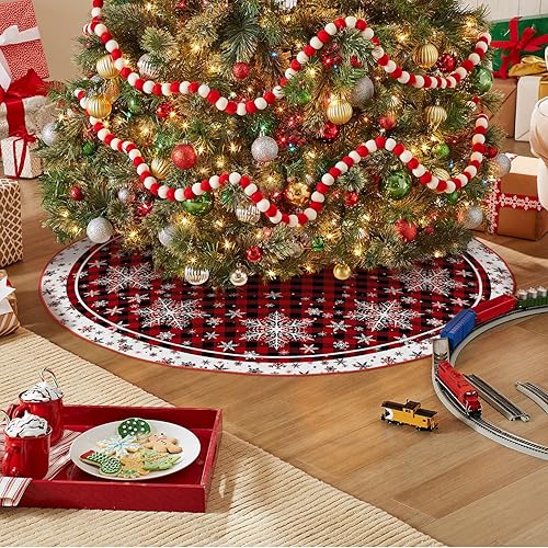 Miniatura 3 de AVOIN colorlife Falda de árbol de Navidad con copos de nieve a cuadros de búfalo de 48 pulgadas, decoración de árbol de vacaciones de