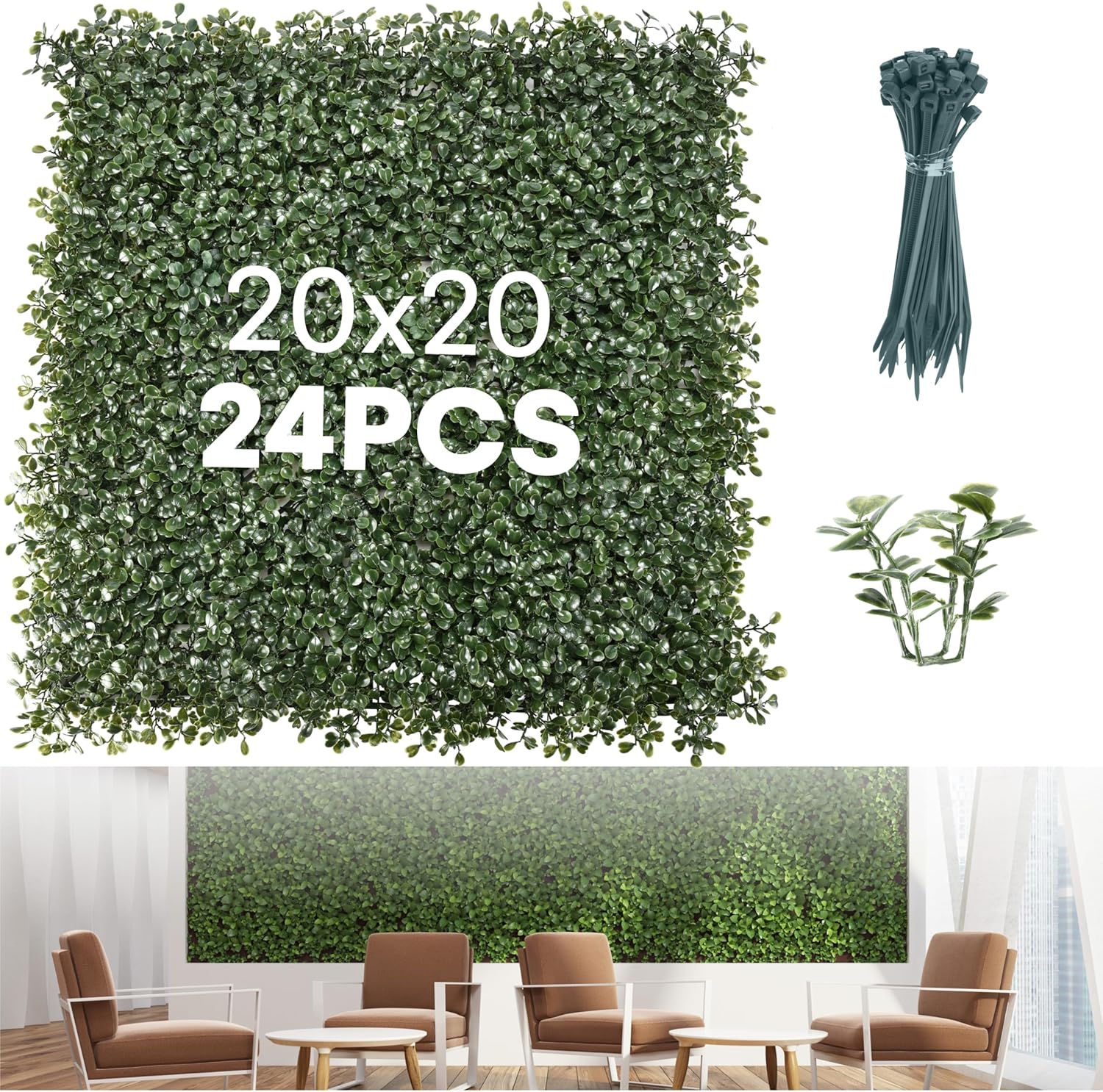 Grass Wall Panels 20? × 20? (24 Pack) – UV-Protected Artificial Boxwood Hedge Greenery Backdrop Covers 66 sq ft, Indoor/Outdoor Privacy Fence Screen, Zip Ties & Spare Leaves Included Pack of 24 (Dark Green)