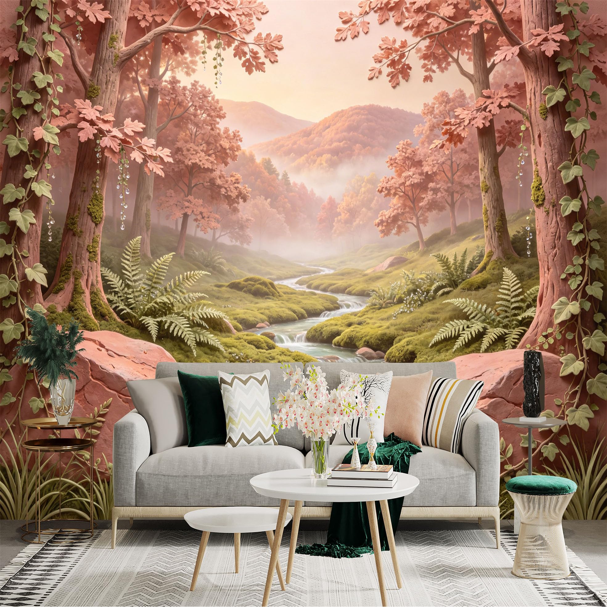 Custom Size Wall Sticker Mural， Autumn Forest with Stream， Misty Mountains and Ferns， for wall Decoration， peelandstick wall Decals.
