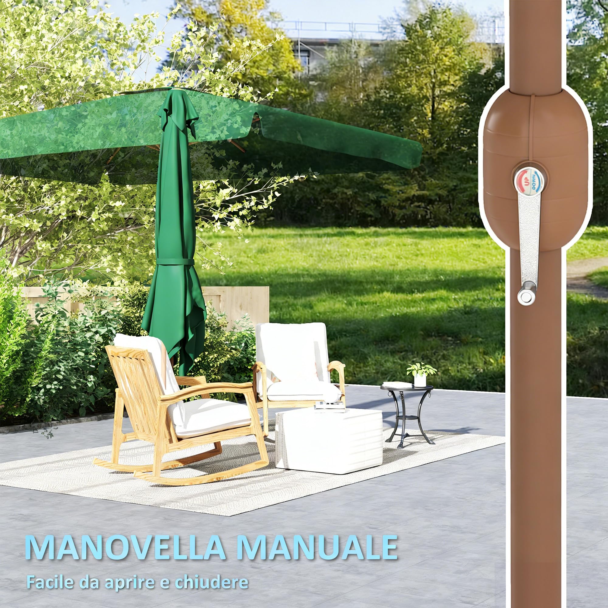 Outsunny Ombrellone da Giardino 2x3 m Inclinabile con Apertura a Manovella, Presa d'Aria e Bordo a Balze, Ombrellone da Esterno Rettangolare Anti UV 50+ in Alluminio e Poliestere 180 g/㎡