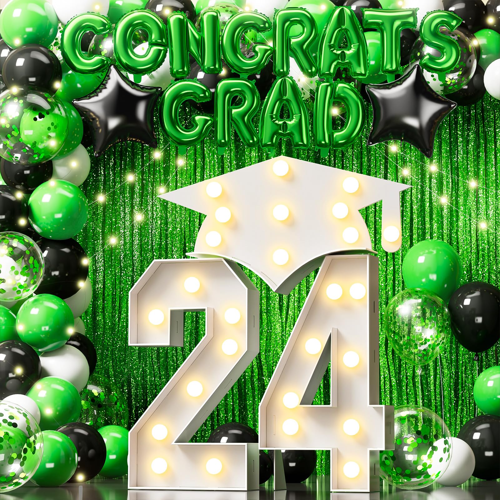 Graduation Decoration of Class 2024, 90PCS Green and Black Grad Party Decor Supplies with 3FT Marquee Light Up Number 24 & Cap Mosaic Letter Sign, Foil Curtain, Led String Lights, Balloons Garland Kit