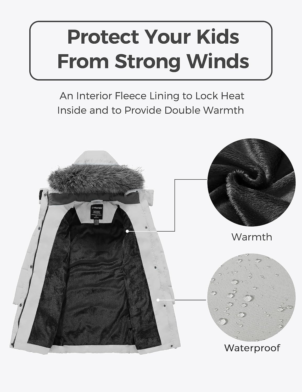 wantdo Girls Winter Coats Long Puffer Jackets Fleece Lined Removable Hood
