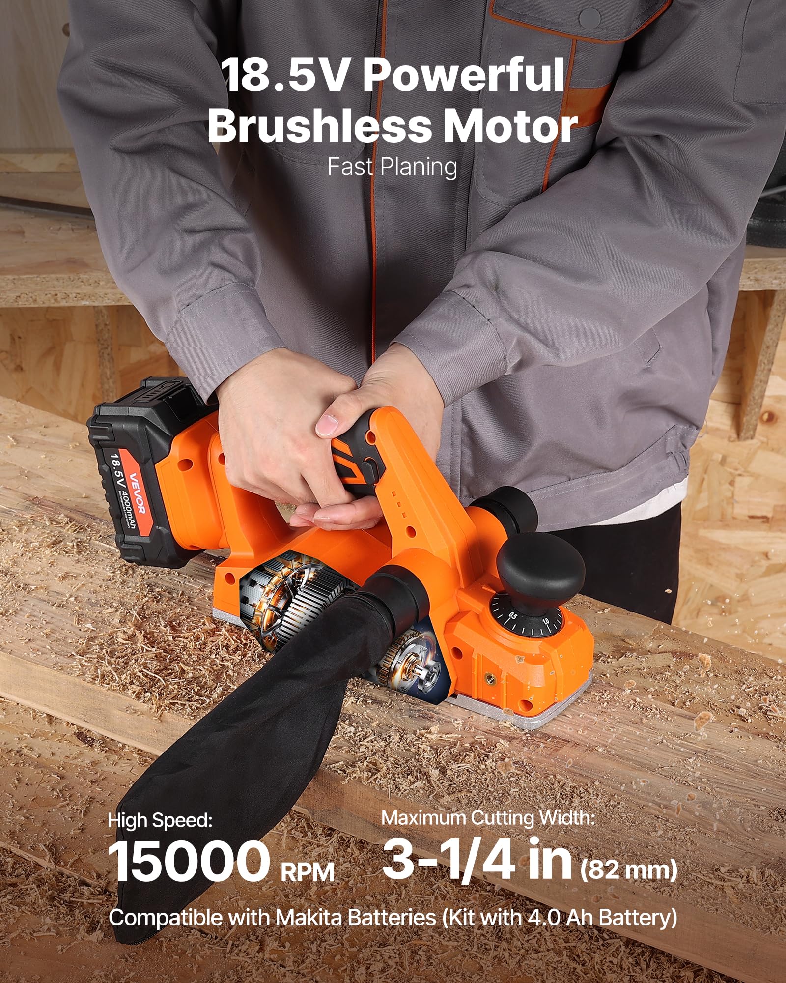VEVOR Pialla a Mano Universale Regolabile Larghezza di Taglio 82 mm Pialla Elettrica Manuale per Legno da 15000 giri/min con Batteria al Litio da 4,0 Ah e 18 V, per la Lavorazione del Legno