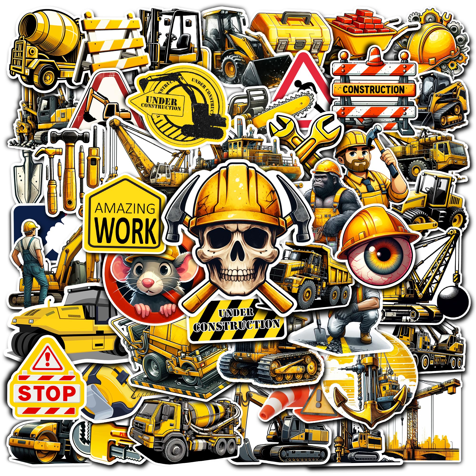 WESILY Pack 50 PCS Construction Stickers Waterproof Vinyl Decals Party Favors Decorations Laptop Water Bottle Phone Case Scrapbook Birthday Gifts for