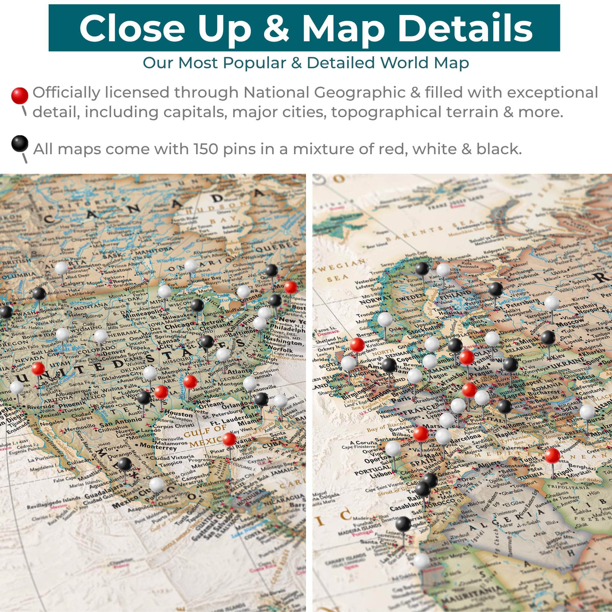 Amazon.com: Executive World Map with Pins – Detailed National