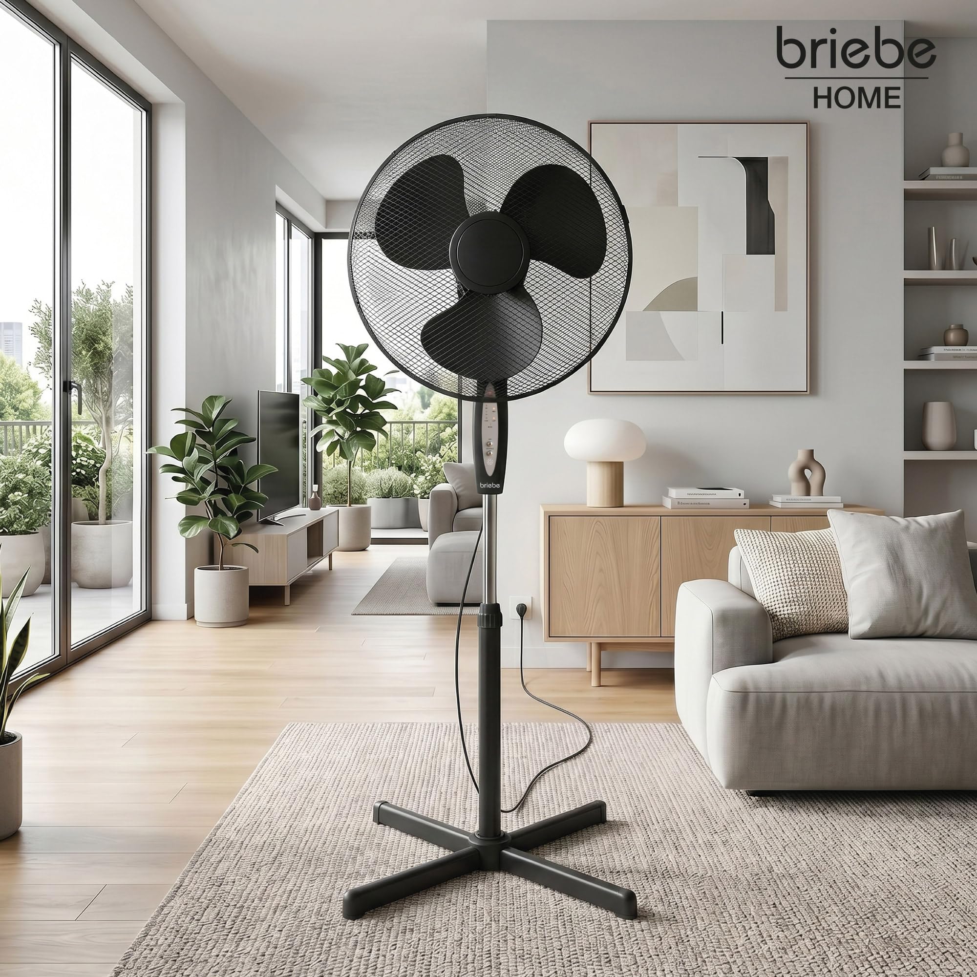 briebe Ventilador de Pie Silencioso con Mando a Distancia, 40cm, Temporizador, Oscilante, 3 Modos Funcionamiento, 3 Velocidades, Regulable Altura 100-125cm, Negro