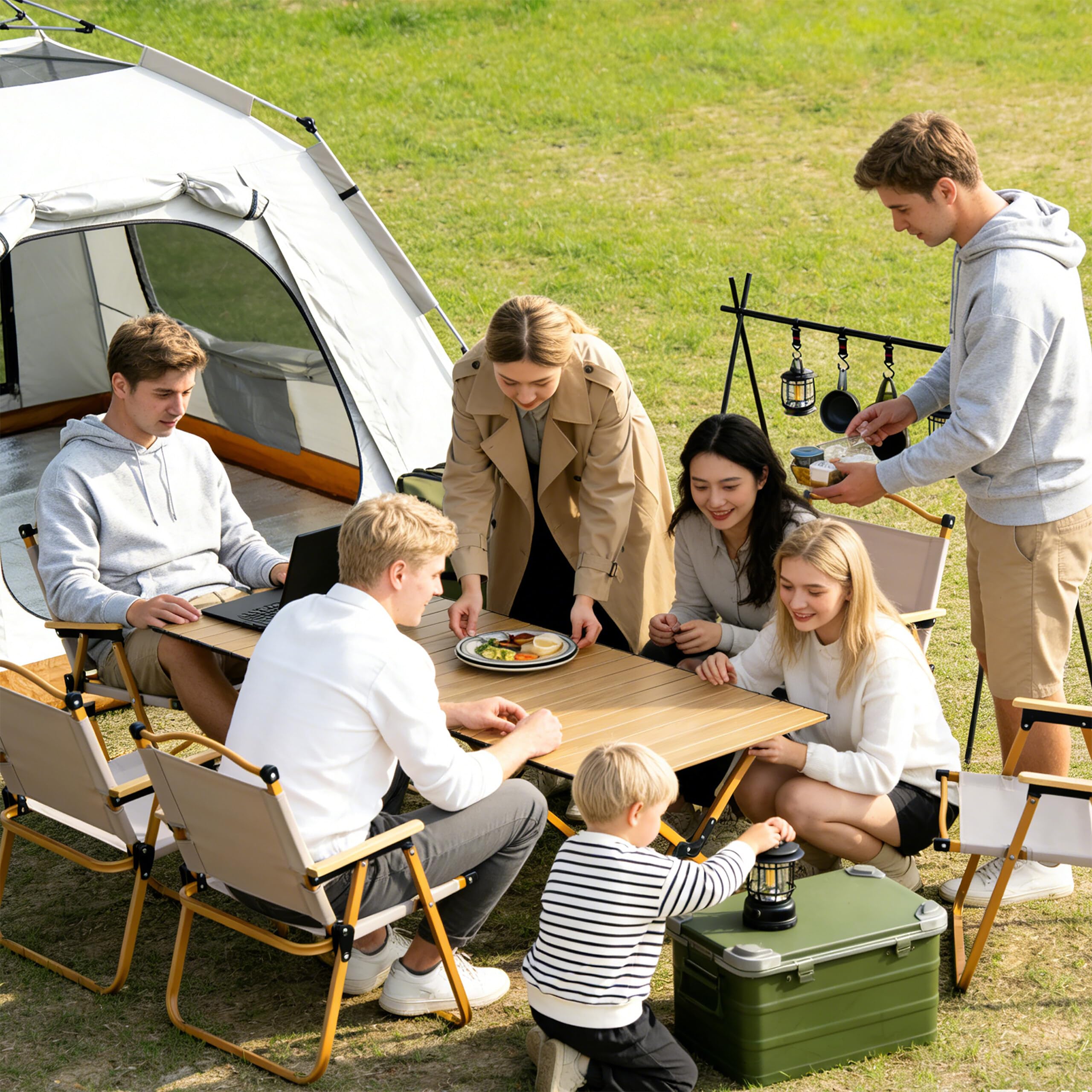 Relaxdays Mesa de Camping Plegable y Regulable en Altura, Efecto Madera, 44 x 120 x 60 cm, Bolsa, Natural