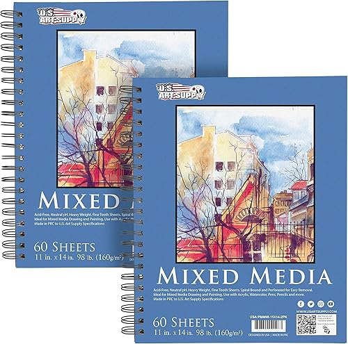 US Art Supply Cuaderno de bocetos de papel mixto de 11 x 14 pulgadas paquete de 2 60 hojas 98 libras 160 gsm - encuadernado en espiral perforado sin disponible en Yaxa Colombia