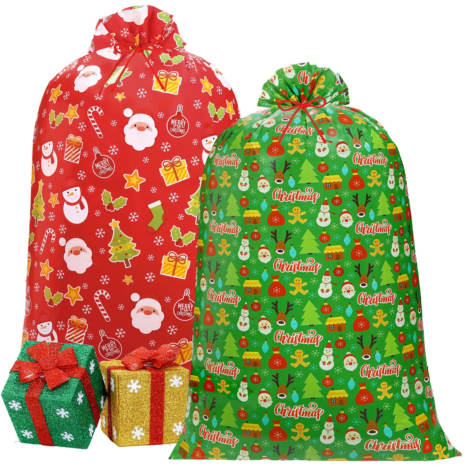 Leinuosen 2 Pcs 70 Inches Extra Large Christmas Gift Bag Oversized Plastic Gift Bags Jumbo Gift Bag with Ropes for Xmas Party Favors Kitchen Supplies Gift Wrapper Heavy Duty Bag (Snowman) — image 1