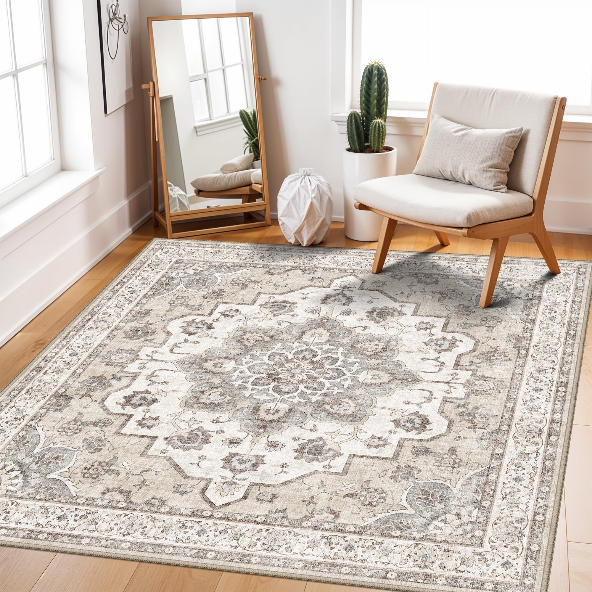 Living Room Washable Square Rug Cream Beige