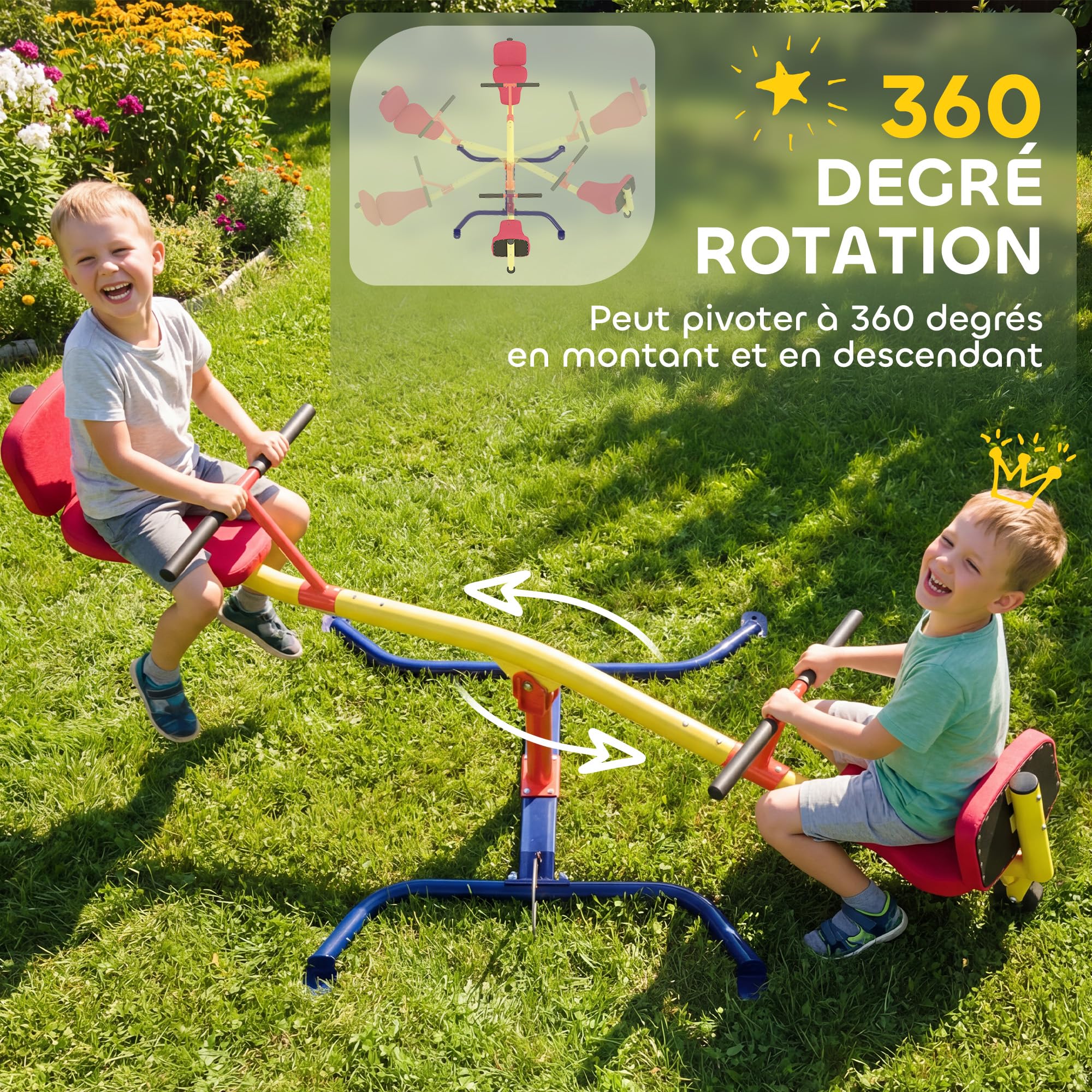 AIYAPLAY Balançoire à Bascule Enfant, trébuchet Rotatif 360°, 3 à 12 Ans | Sièges rembourrés avec dossiers, capacité 200 kg, 253 x 96 x 75 cm, multicolore