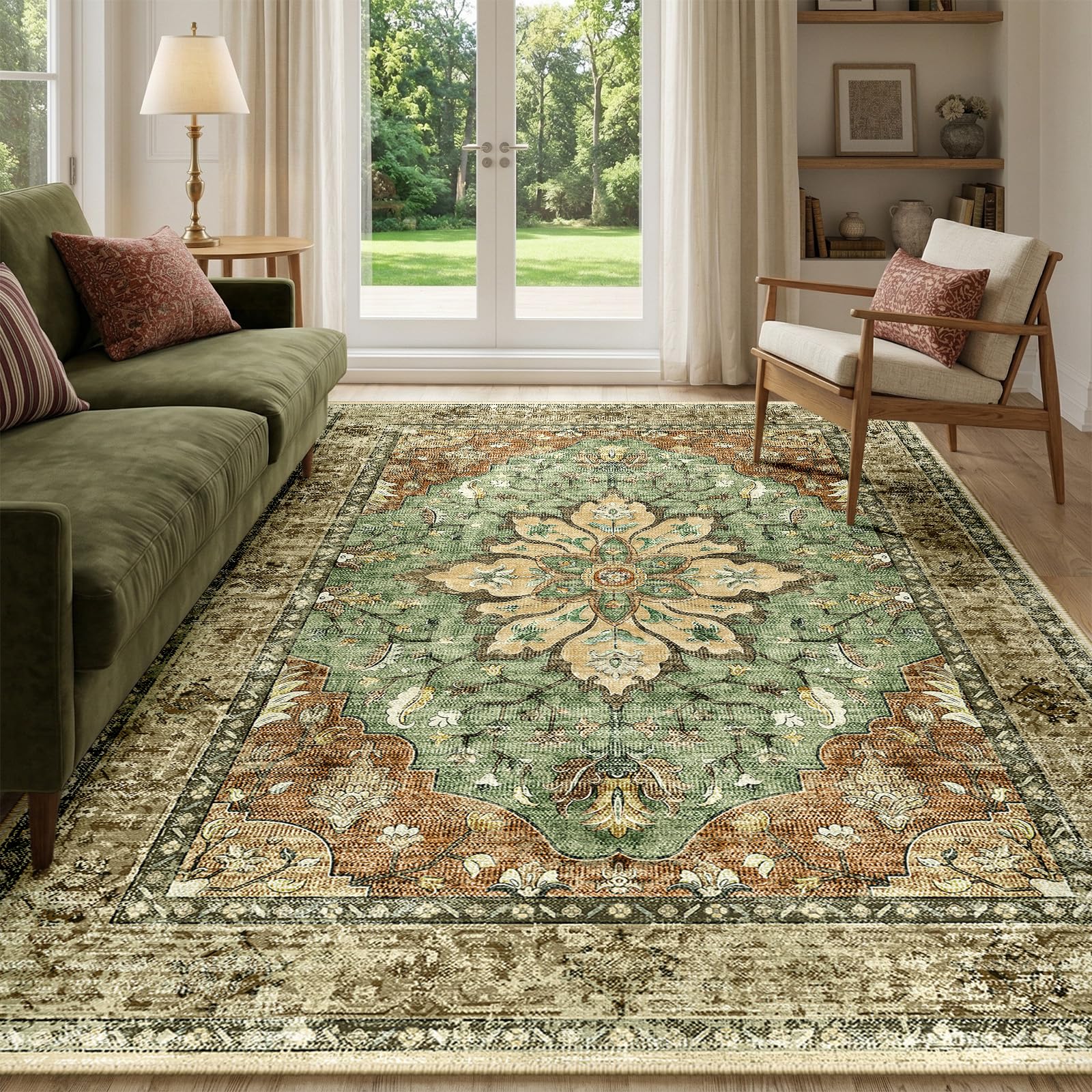INOVADAY Machine Washable Rugs 180x270 cm Vintage Area Rug Low Pile Anti-Slip Carpet with Print Pattern for Living Room Bedroom Home Office Indoor Brick/Brown/Green โ image 1