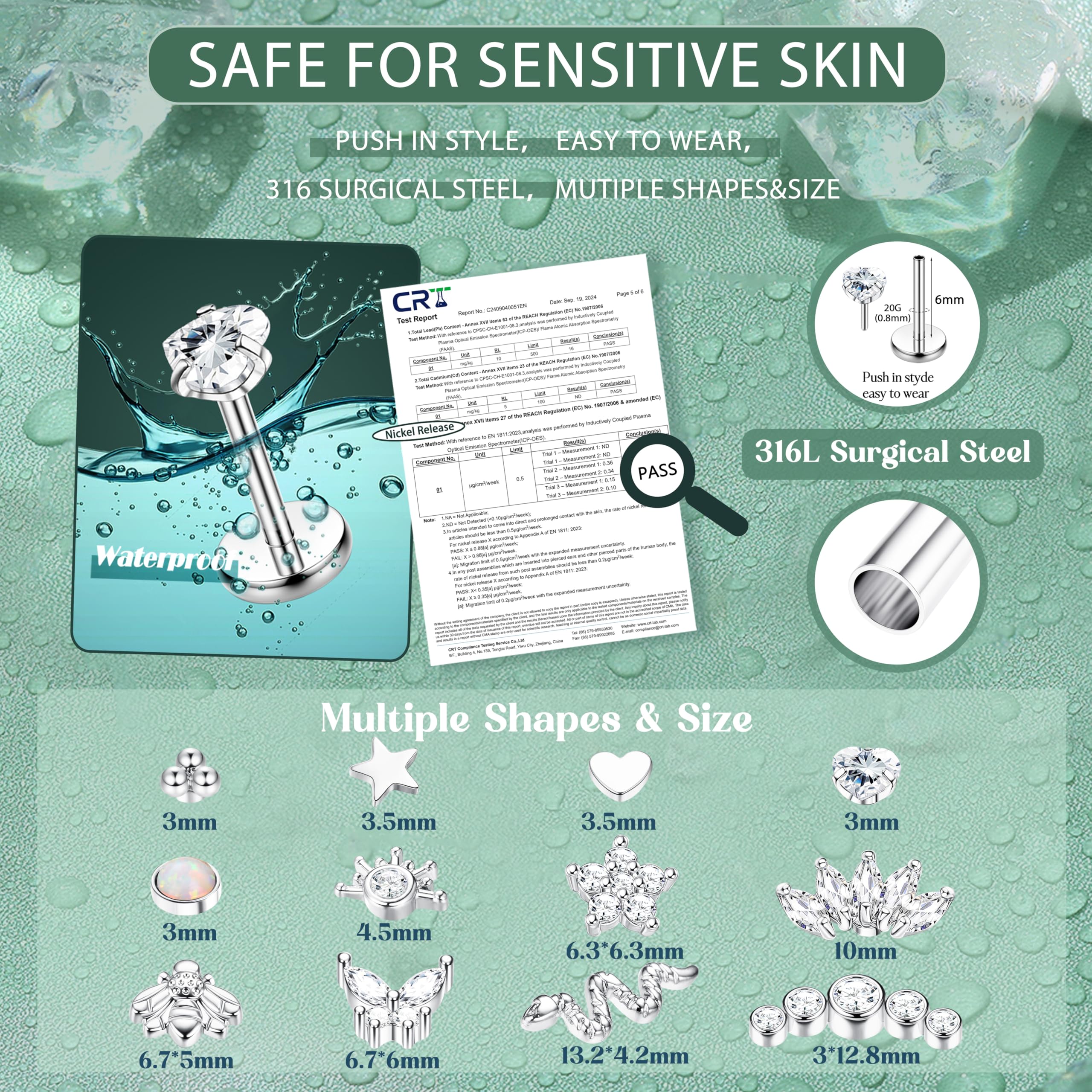 HHRFCS 12 sztuk Helix Piercing Biżuteria Stal chirurgiczna Push in Flat Back Helix Kolczyk Bezgwintowe szpilki do nosa Muszla Chrząstka Tragus Labret Piercing Biżuteria
