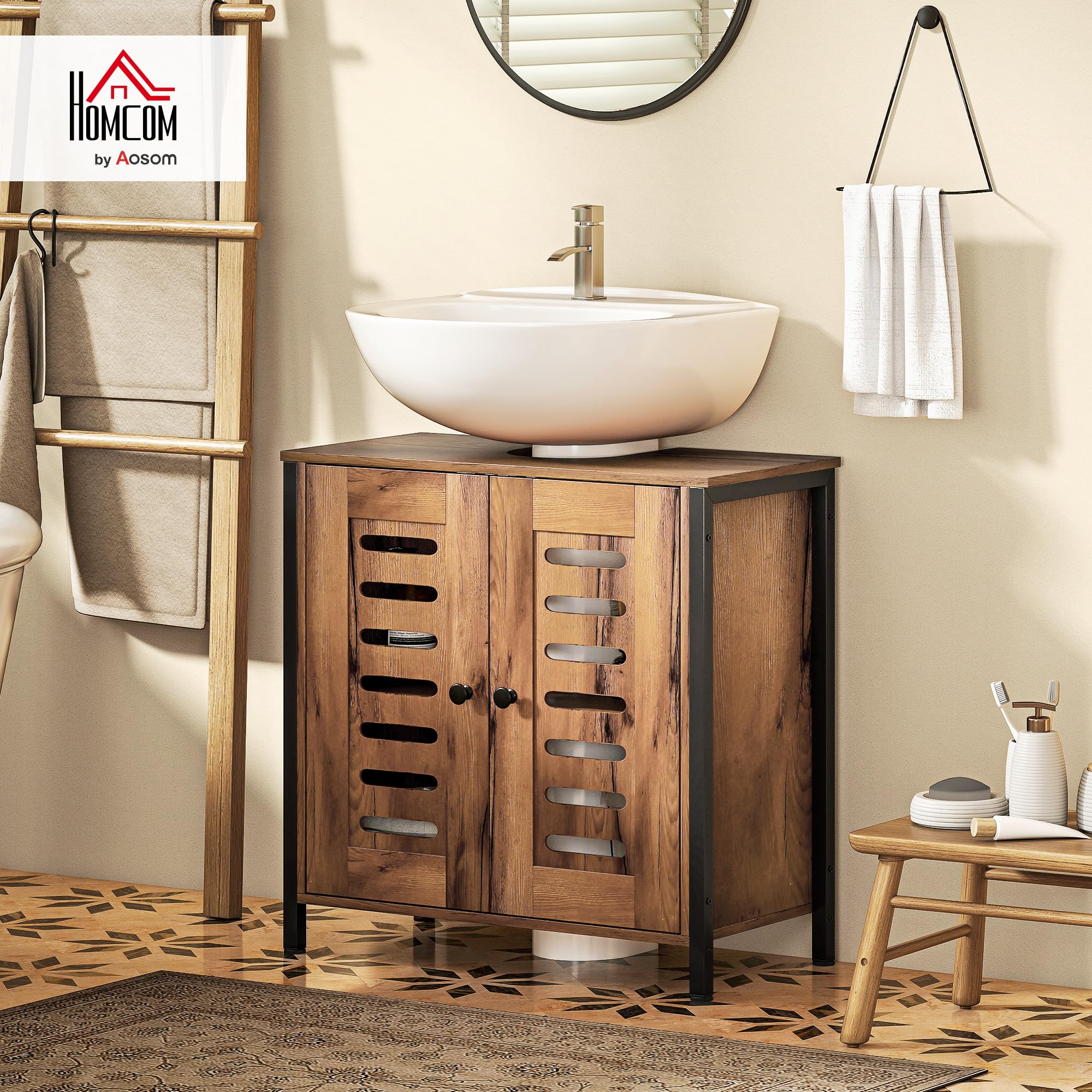HOMCOM Mueble Bajo Lavabo Industrial con 2 Puertas de Lamas y Cierre Magnético, Estante Regulable, para Lavabos sin Pedestal, Mueble de Baño 60x30x60 cm Marrón Rústico
